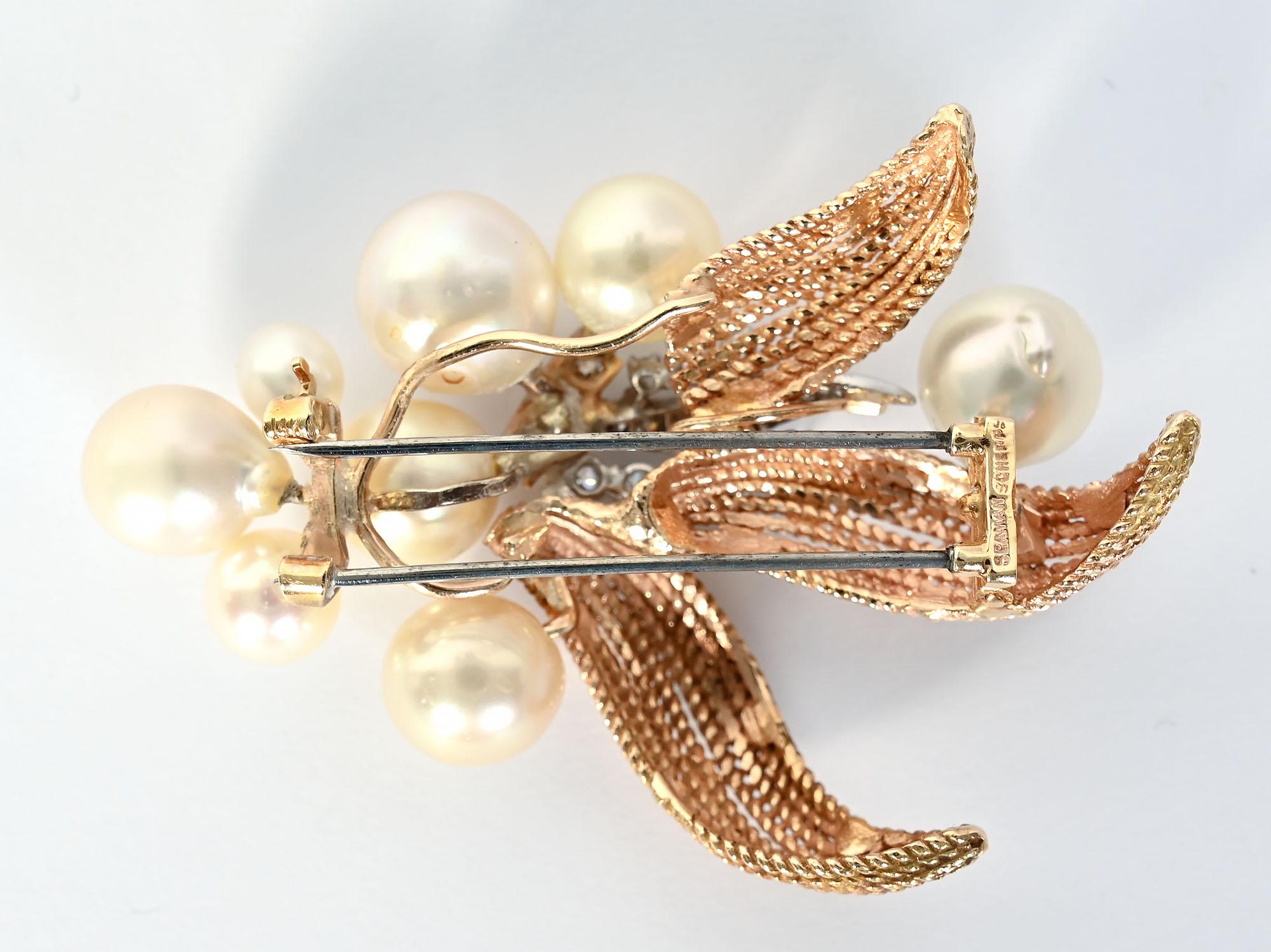 Brilliant Cut Seaman Schepps Pearl and Diamond Gold Brooch