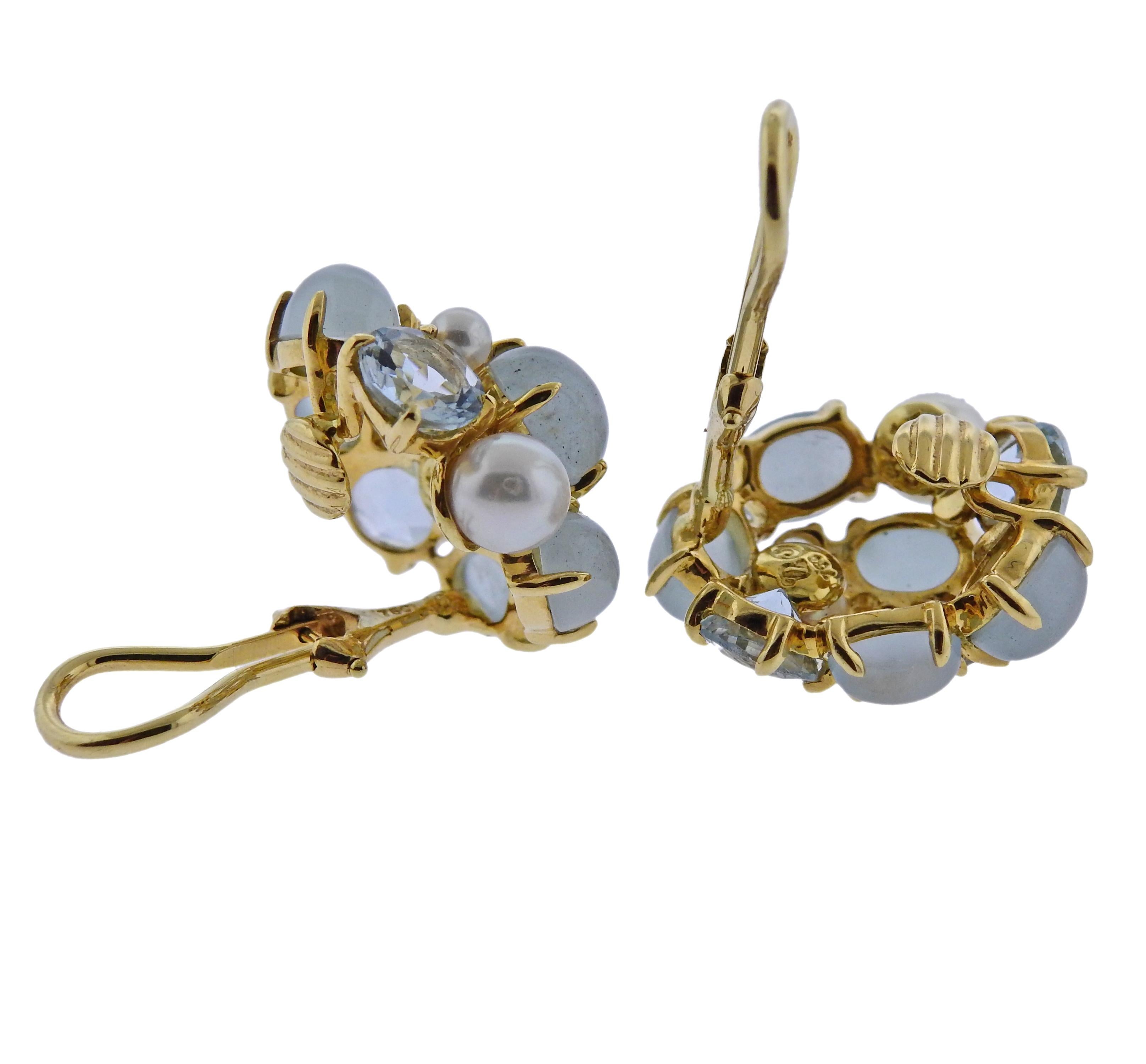 Women's Seaman Schepps Pearl Diamond Aquamarine Gold Bubble Earrings