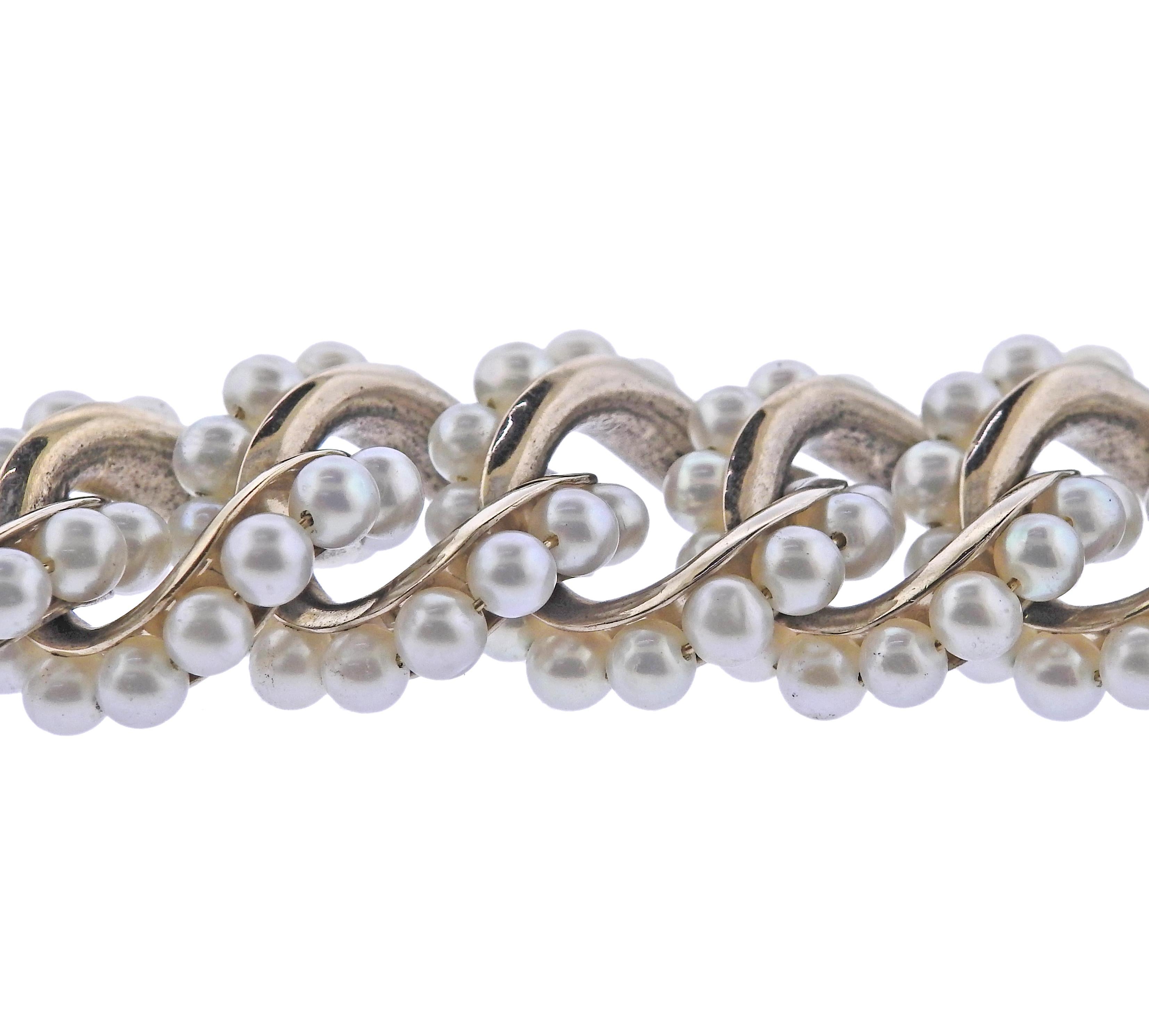 Round Cut Seaman Schepps Pearl Gold Link Bracelet For Sale