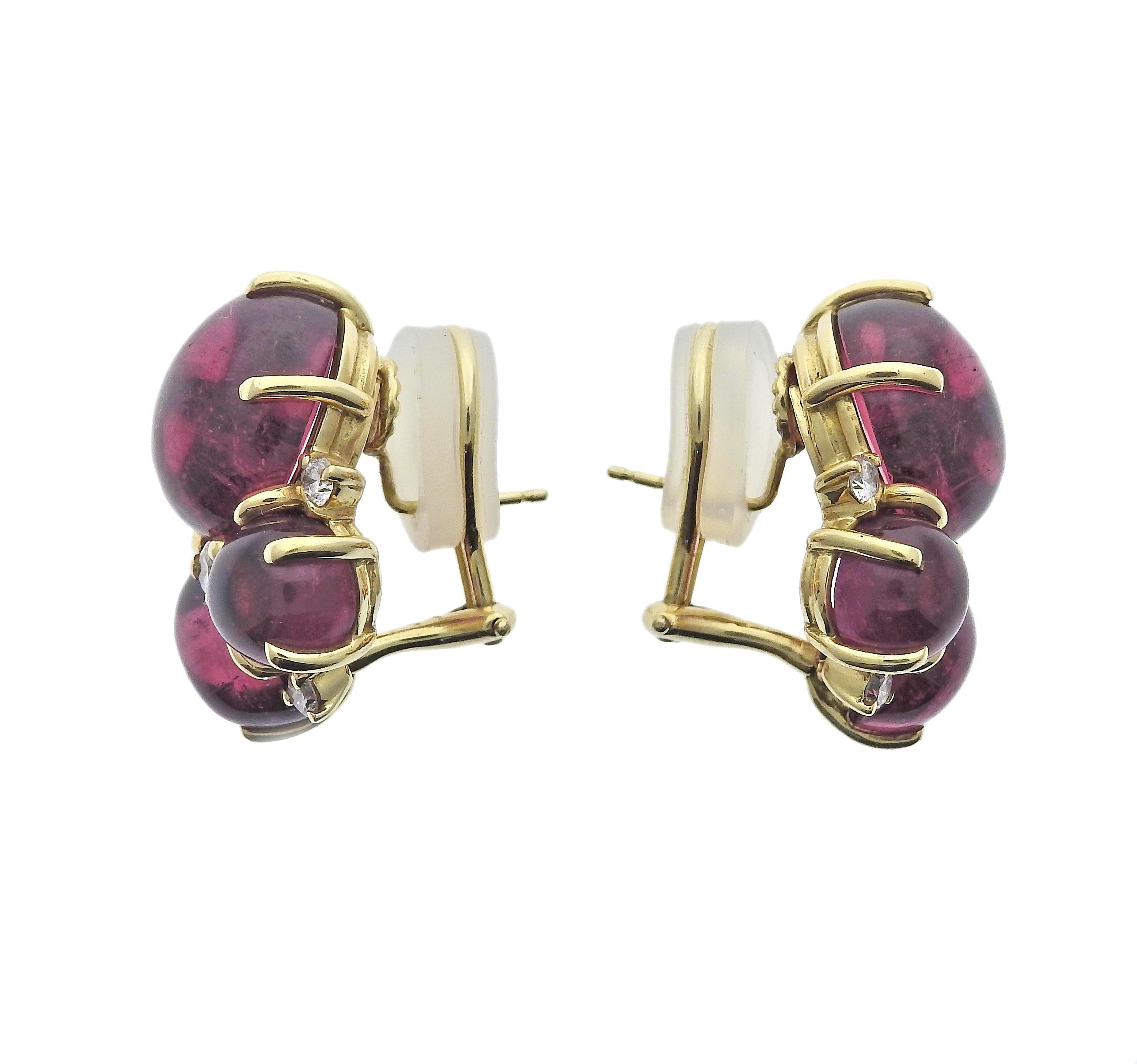 Seaman Schepps 18K yellow gold earrings set with cabochon pink tourmaline and 0.50ctw in VS/H diamonds. Earrings measure 24mm x 19mm. Marked: 750, Shell Hallmark, Seaman Schepps, Serial Number. Weight is 19.6 grams.