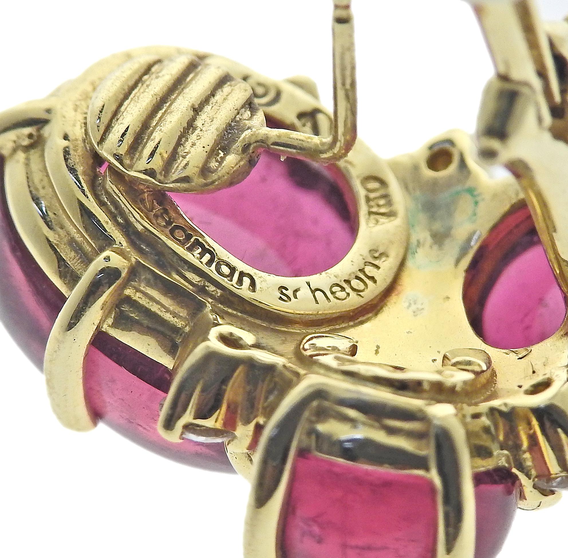 Round Cut Seaman Schepps Pink Tourmaline Diamond Gold Earrings For Sale