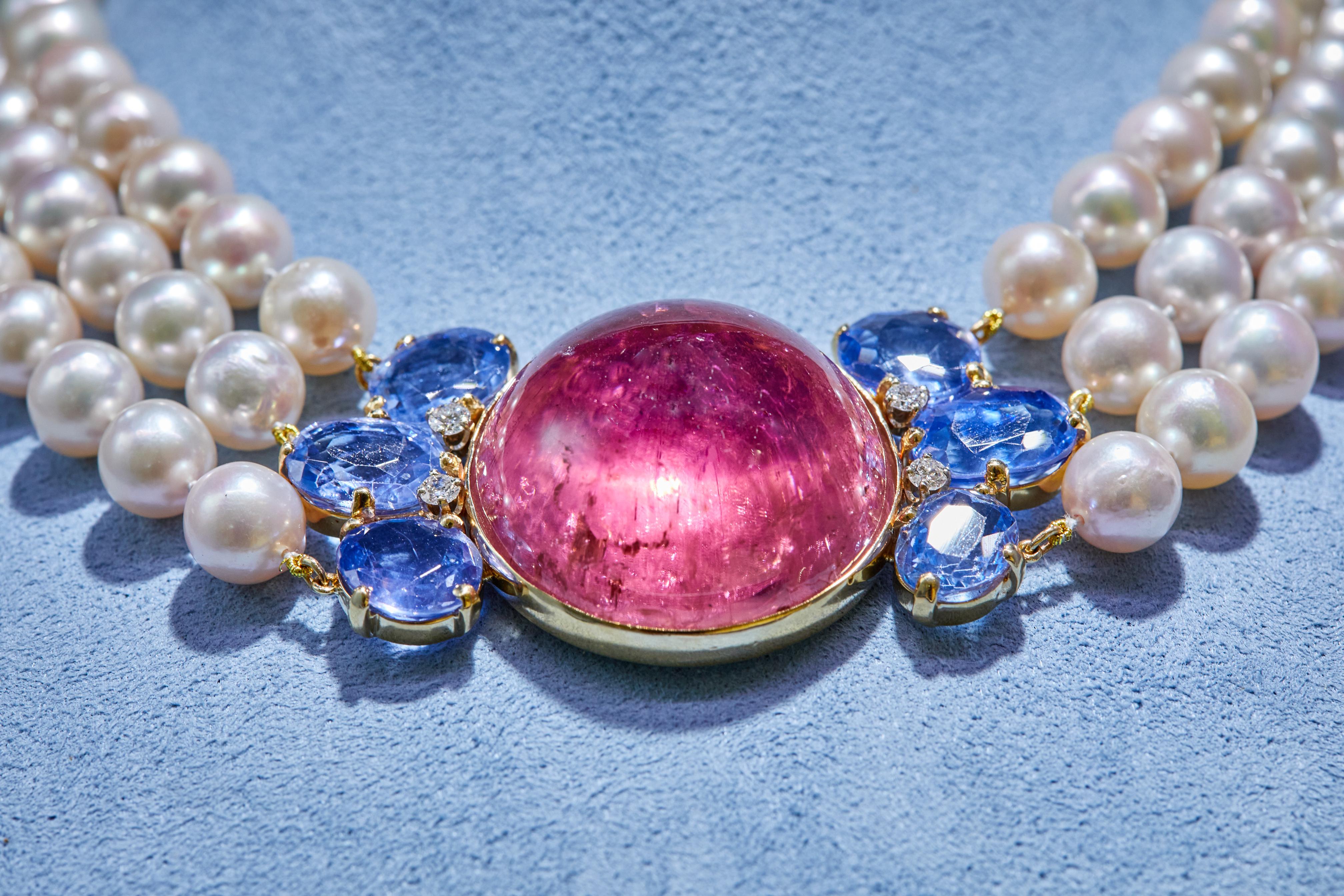 Seaman Schepps Pink Tourmaline, Sapphire, Cultured Pearl and Diamond Necklace In Excellent Condition For Sale In Weston, MA