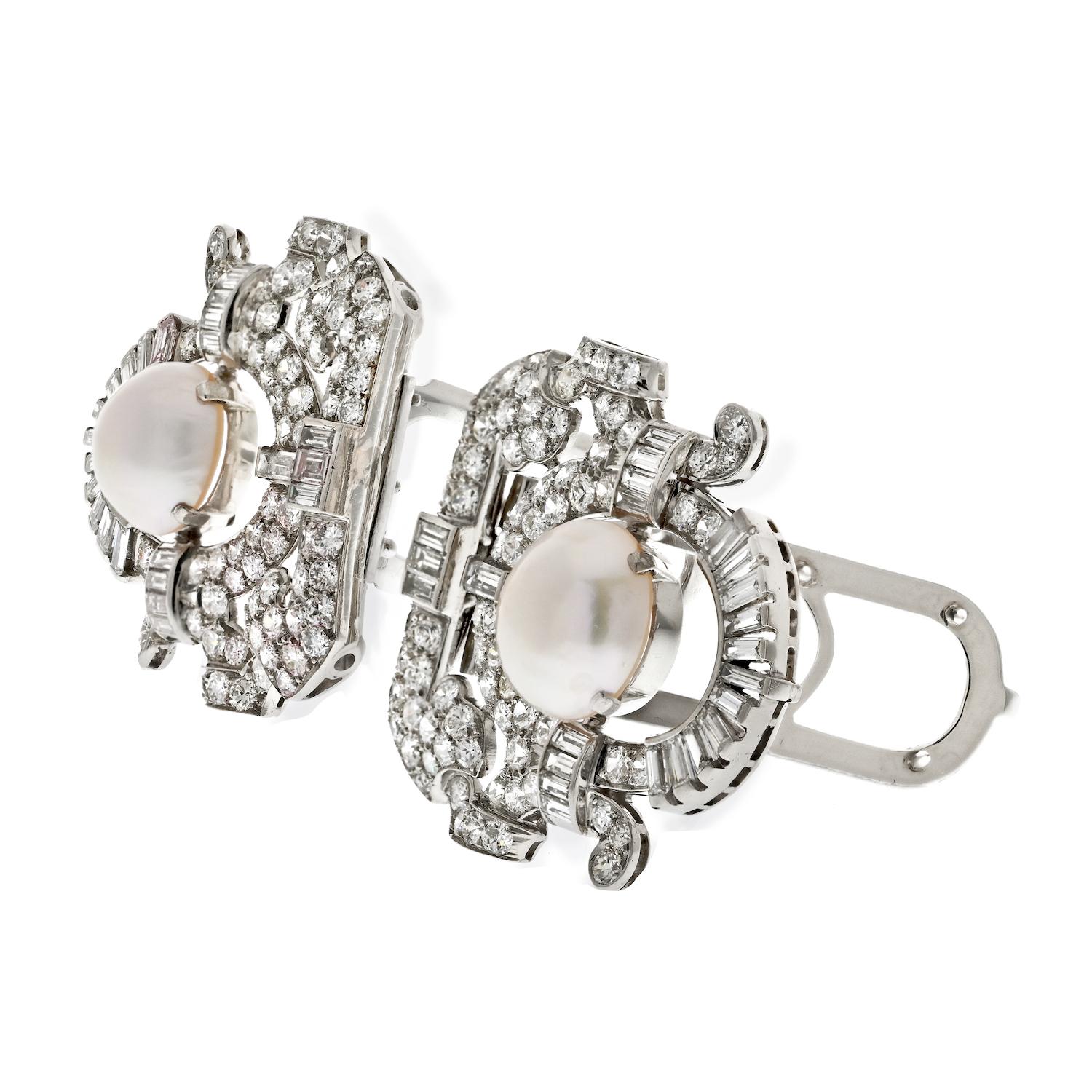 Modern Seaman Schepps Platinum Diamond And Pearl Double Clip Brooch For Sale