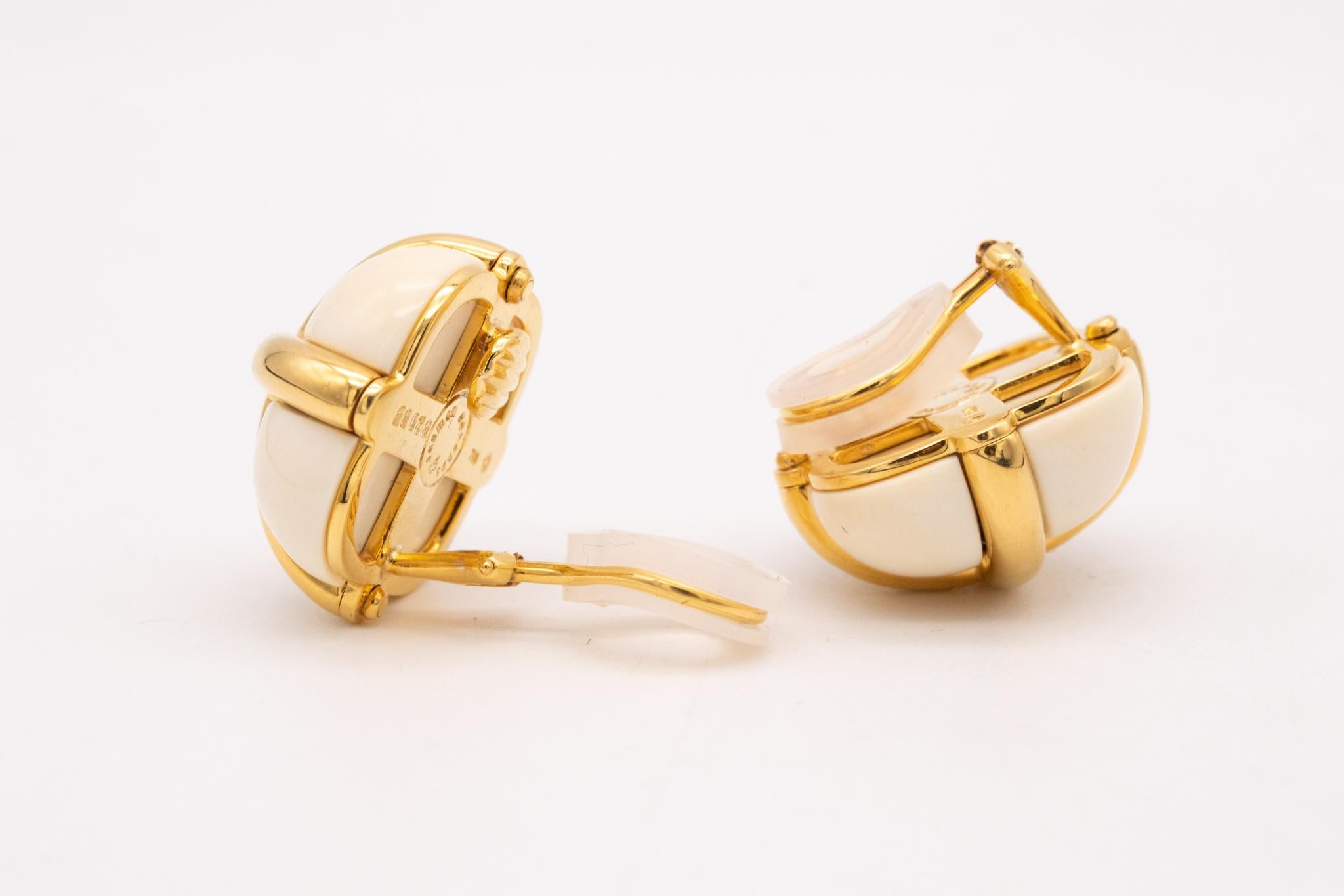 Modernist Seaman Schepps Rare 18Kt Yellow Gold Ear Clips With Caged Cacholong White Agate