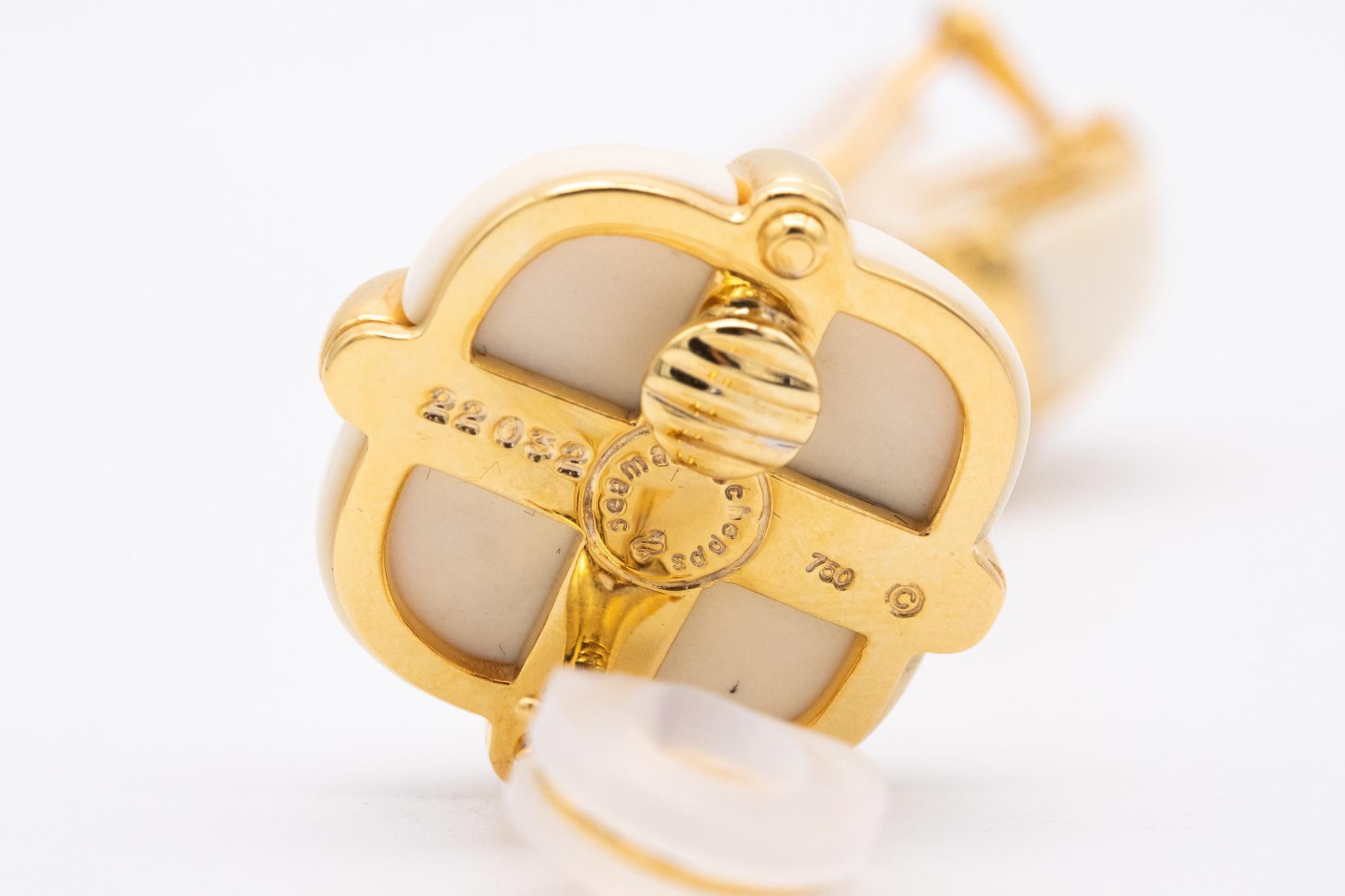 Women's Seaman Schepps Rare 18Kt Yellow Gold Ear Clips With Caged Cacholong White Agate