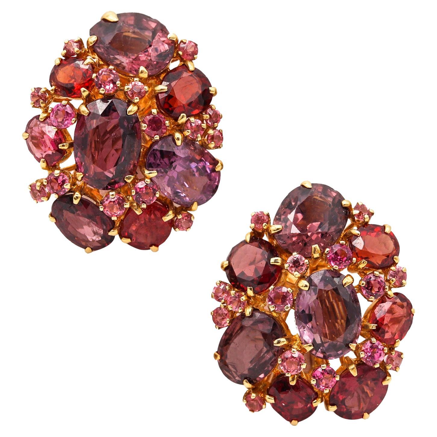 Seaman Schepps Rare Cluster Earrings in 18Kt Yellow Gold with 24.29 Cts Spinels For Sale