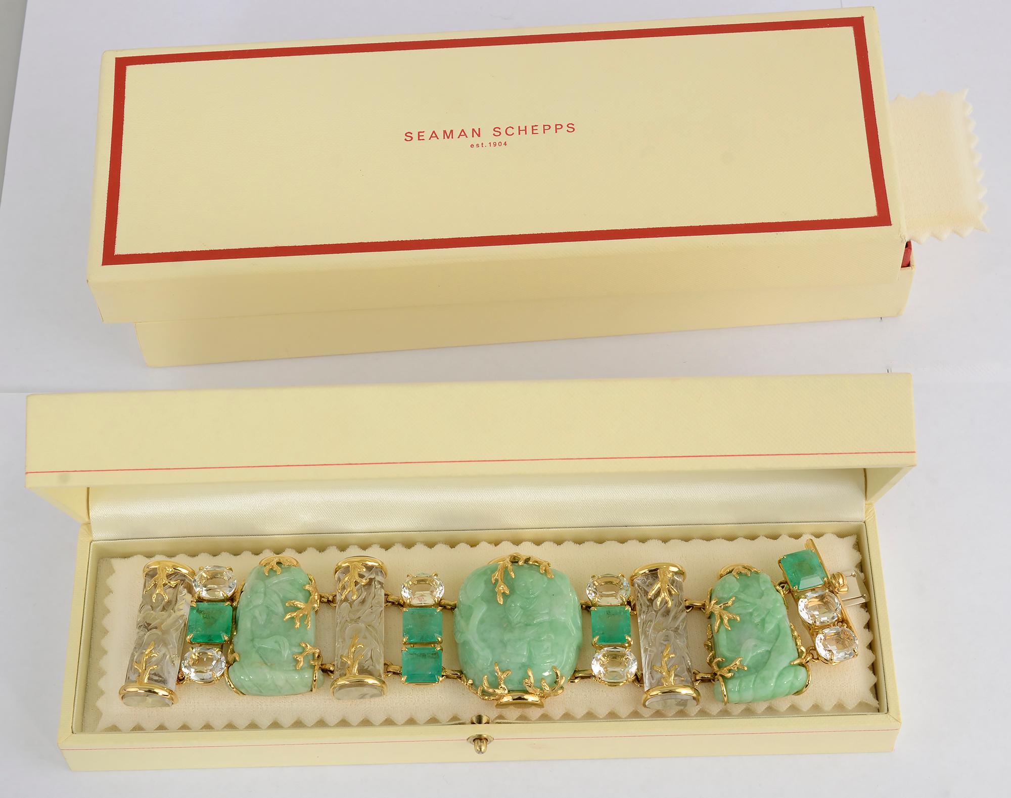 Women's or Men's Seaman Schepps Rare Emerald, Rock Crystal and Jade Snuff Bottle Gold Bracelet