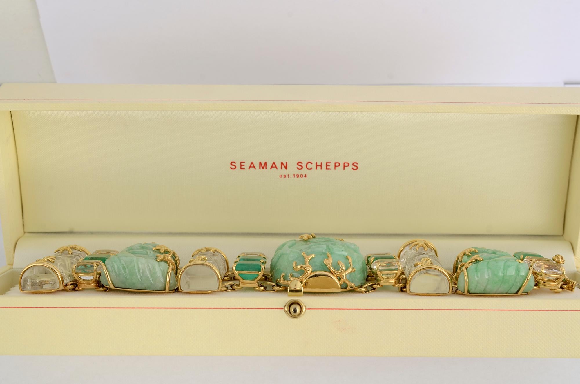 Seaman Schepps Rare Emerald, Rock Crystal and Jade Snuff Bottle Gold Bracelet 1