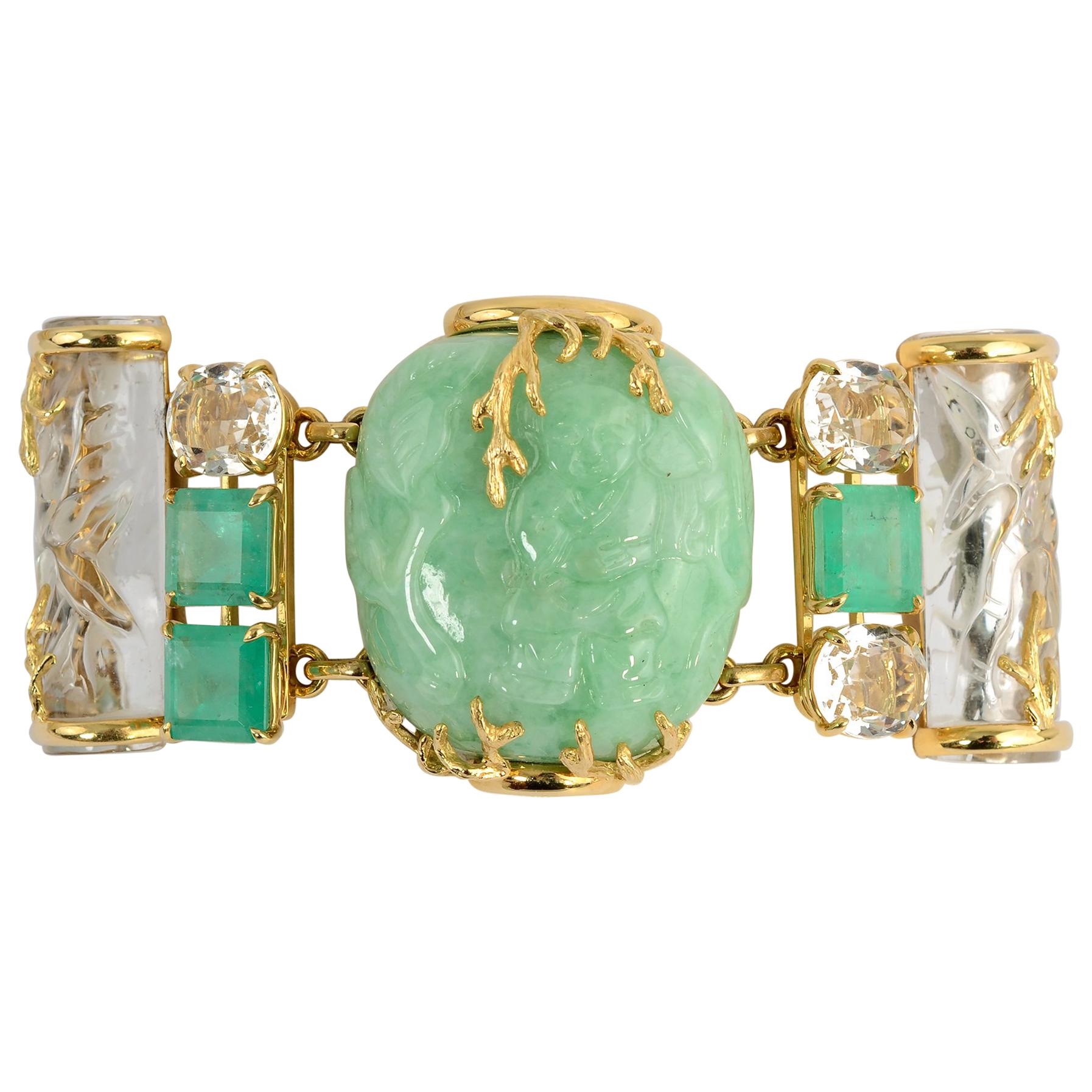 Seaman Schepps Rare Emerald, Rock Crystal and Jade Snuff Bottle Gold Bracelet