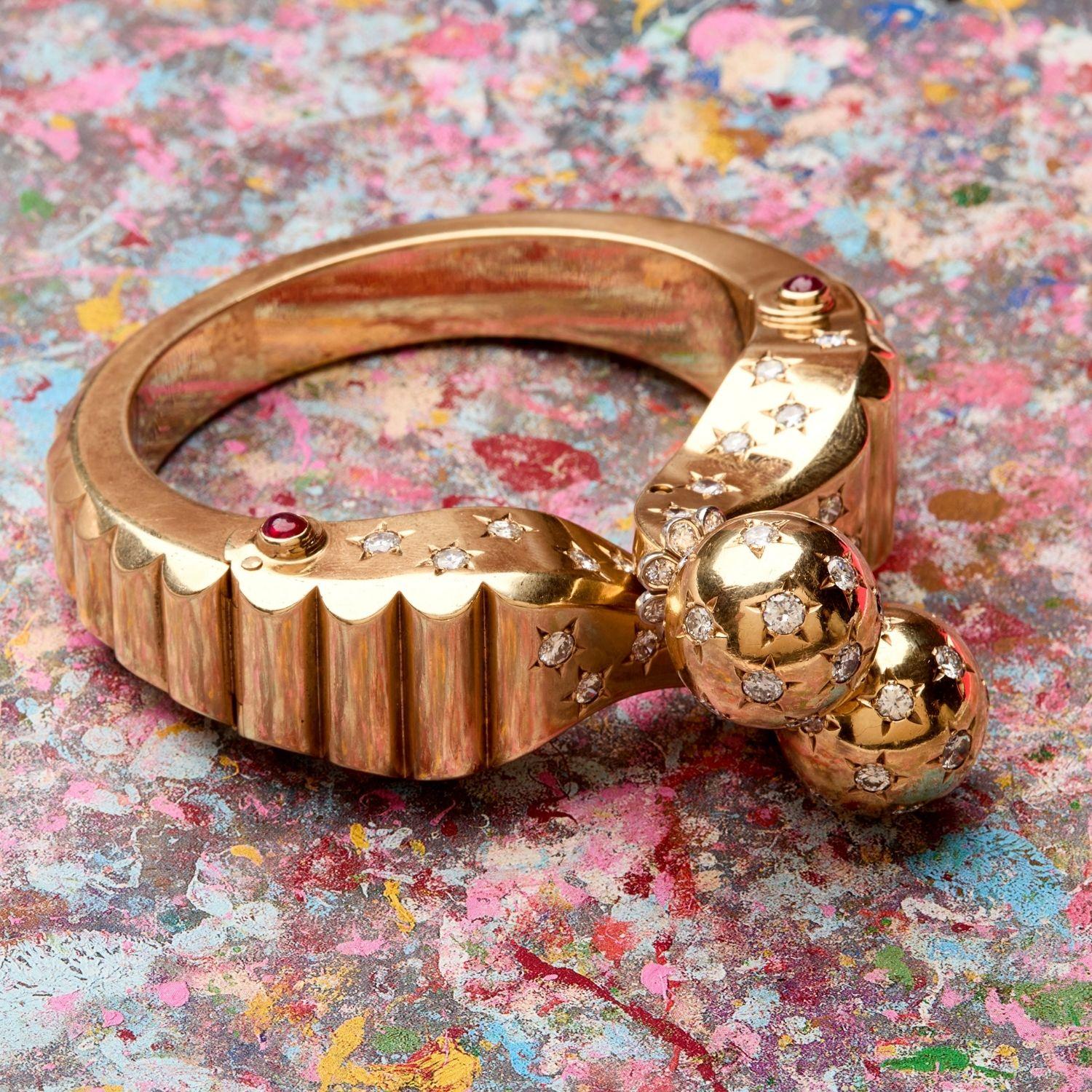 Old European Cut Seaman Schepps Retro Gold, Diamond and Ruby Bangle, Andy Warhol personal For Sale