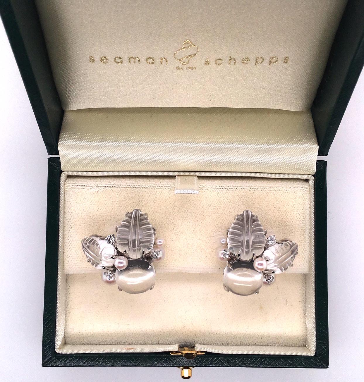 Seaman Schepps Rock Crystal, Diamond and Pearl Bubble Leaf Earrings In Excellent Condition In New York, NY