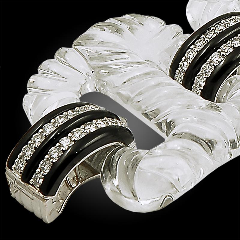 Round Cut Seaman Schepps Wide Rock Crystal Onyx Diamond Link Bracelet For Sale