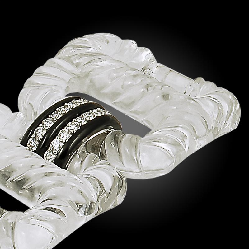 Seaman Schepps Wide Rock Crystal Onyx Diamond Link Bracelet In Good Condition For Sale In New York, NY