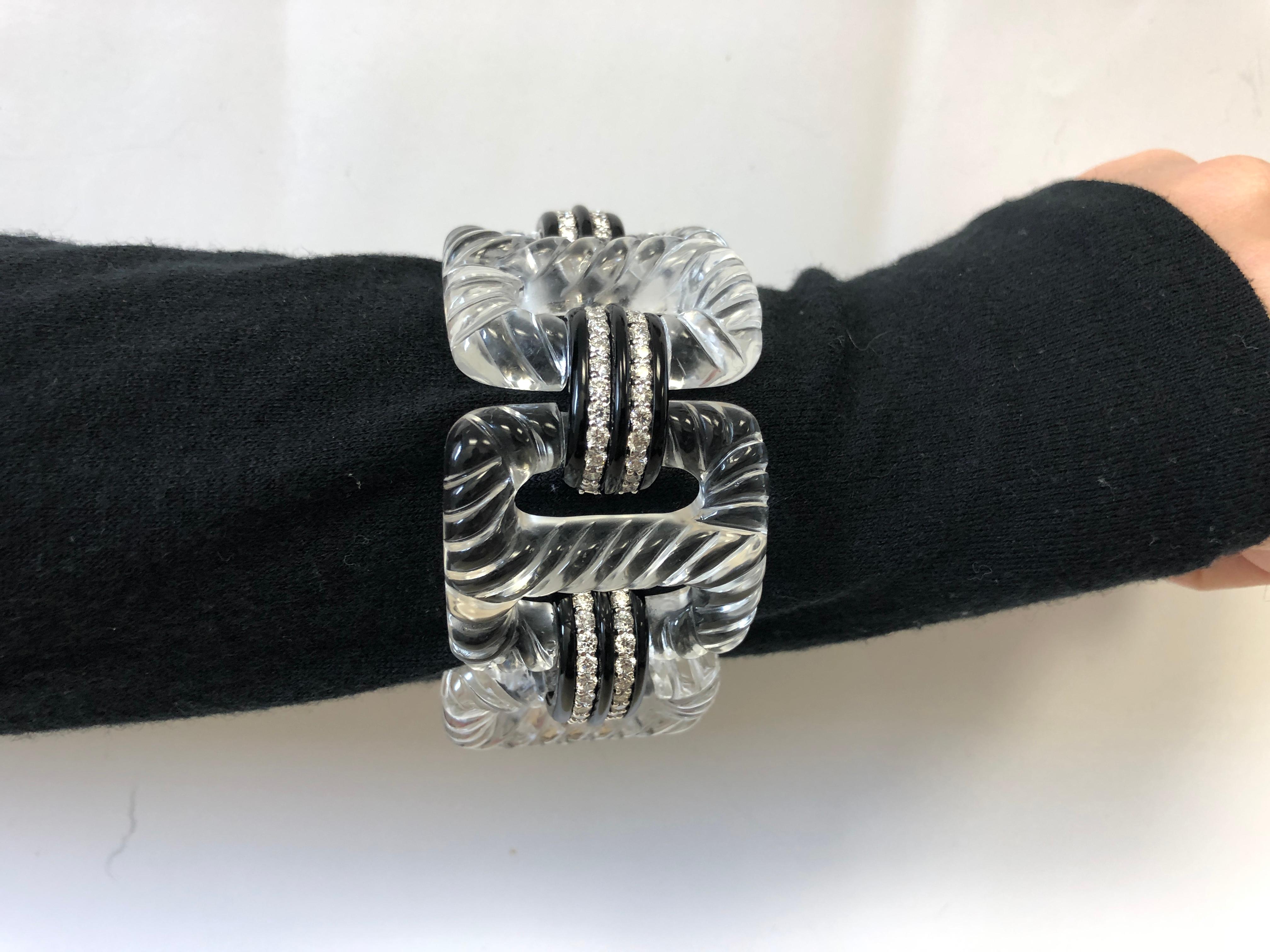 Women's Seaman Schepps Wide Rock Crystal Onyx Diamond Link Bracelet For Sale