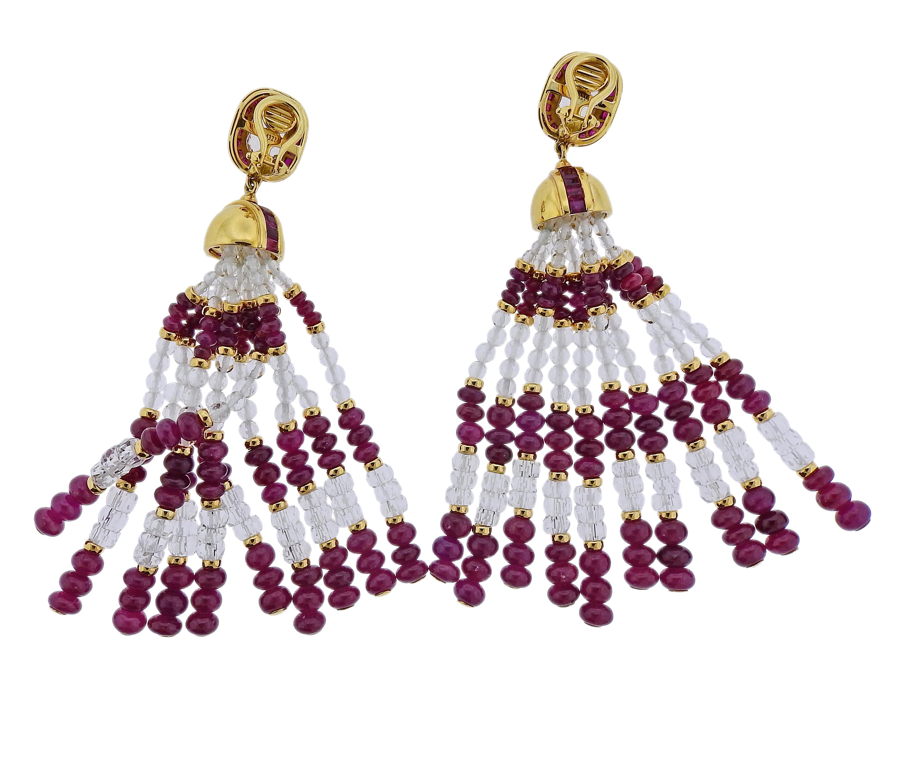 18k yellow gold long tassel drop earrings by Seaman Schepps, featuring crystal, ruby and crystal beads. Retail $26400. Earrings are 88mm long x approx. 20mm wide, weigh 50.8 grams. Marked: 750, Shell signature mark, 243214. 