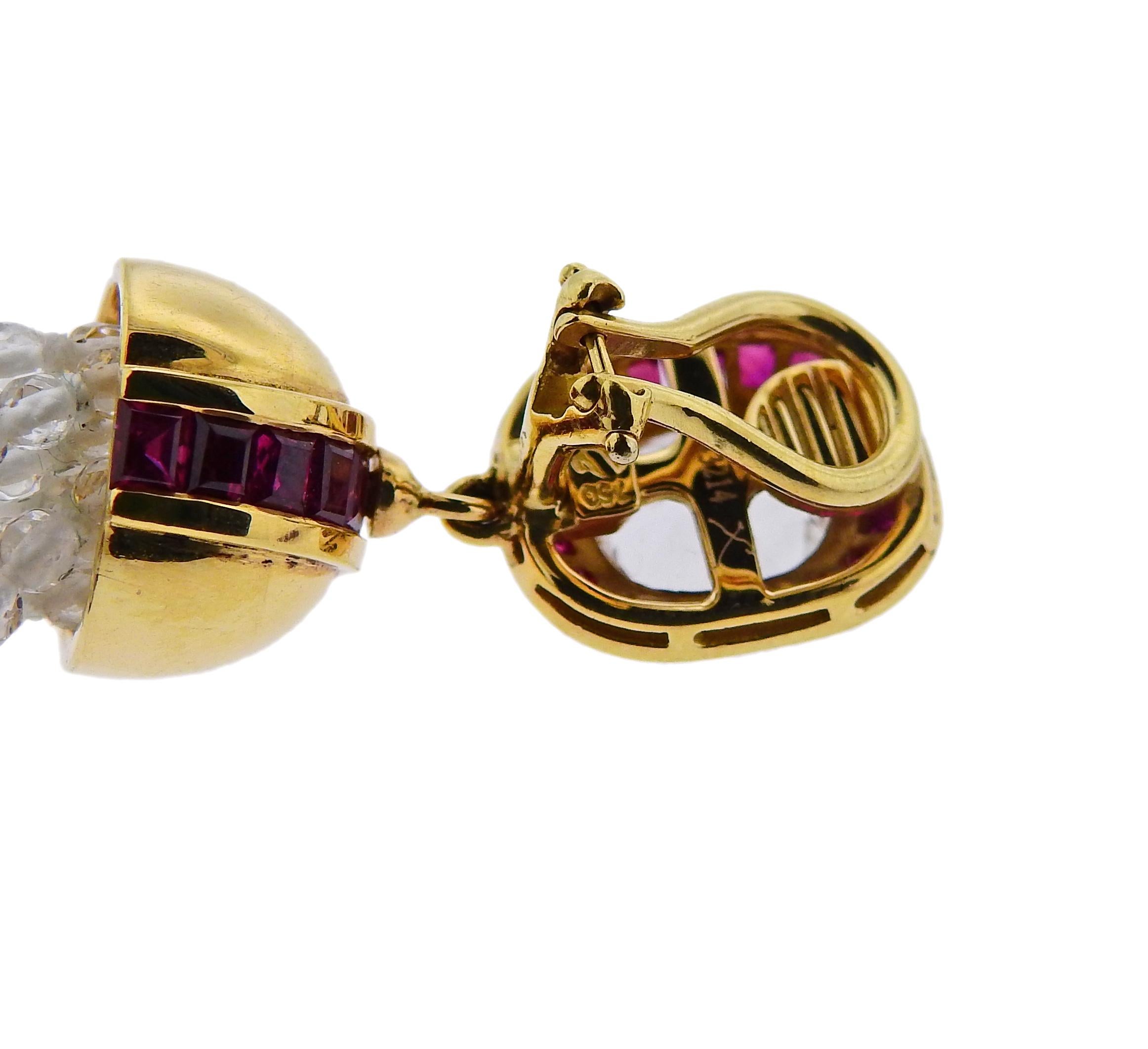 Seaman Schepps Ruby Crystal Gold Tassel Drop Earrings In Excellent Condition In Lambertville, NJ