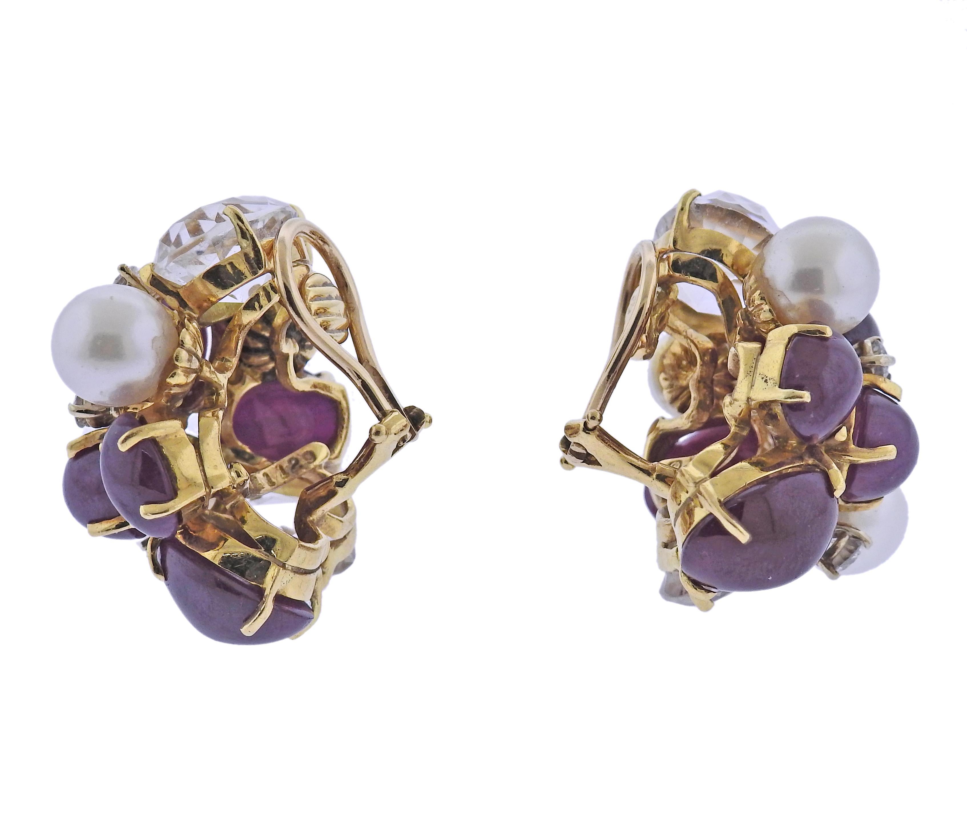 Pair of large 18k gold Bubble earrings by Seaman Schepps, set with ruby cabochons, crystals, pearls and approx. 0.70ctw G/VS diamonds. Earrings are 30mm x 25mm. Marked: Shell mark, 750, 11129. Weight - 36.6 grams.