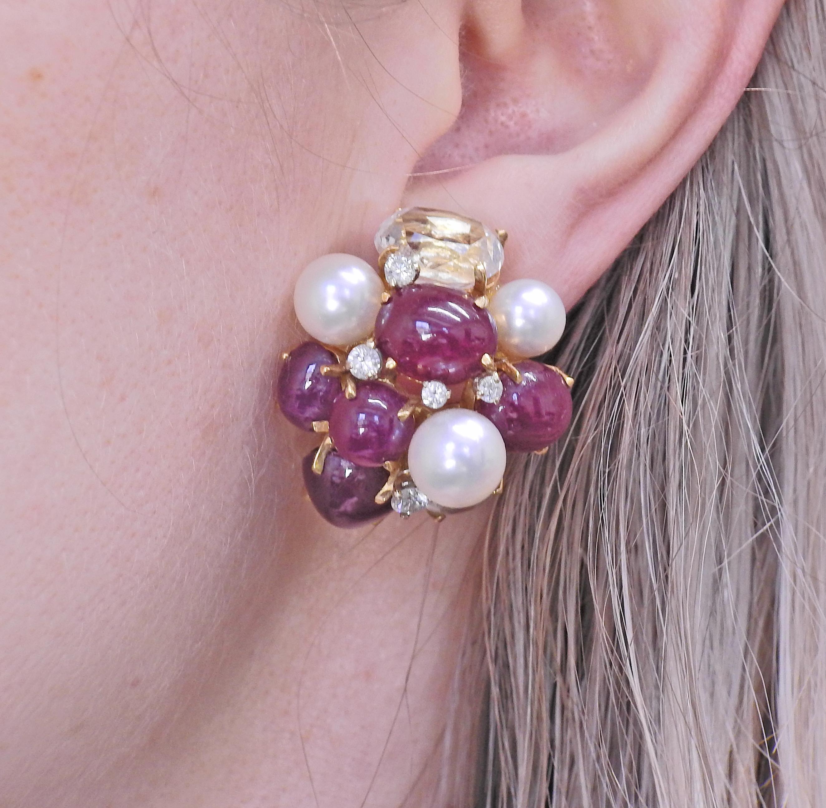 Seaman Schepps Ruby Diamond Pearl Crystal Gold Large Bubble Earrings In Excellent Condition For Sale In Lambertville, NJ