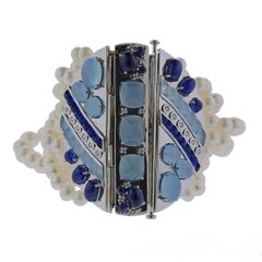 Seaman Schepps Sapphire Aquamarine Diamond Pearl Gold Bracelet