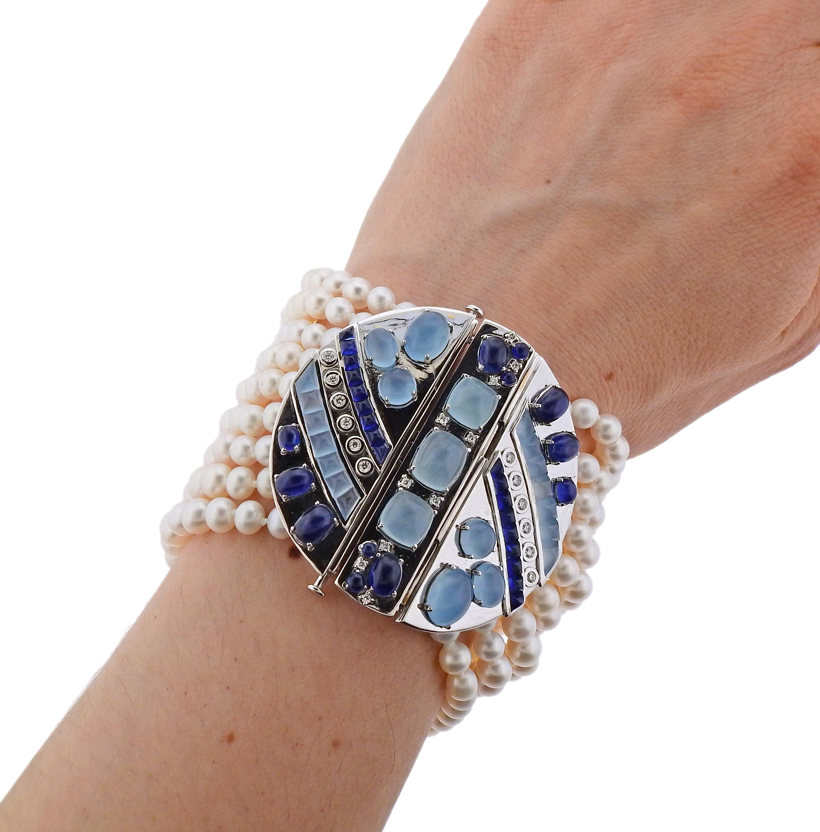 Seaman Schepps Sapphire Aquamarine Diamond Pearl Gold Bracelet In Excellent Condition For Sale In Lambertville, NJ