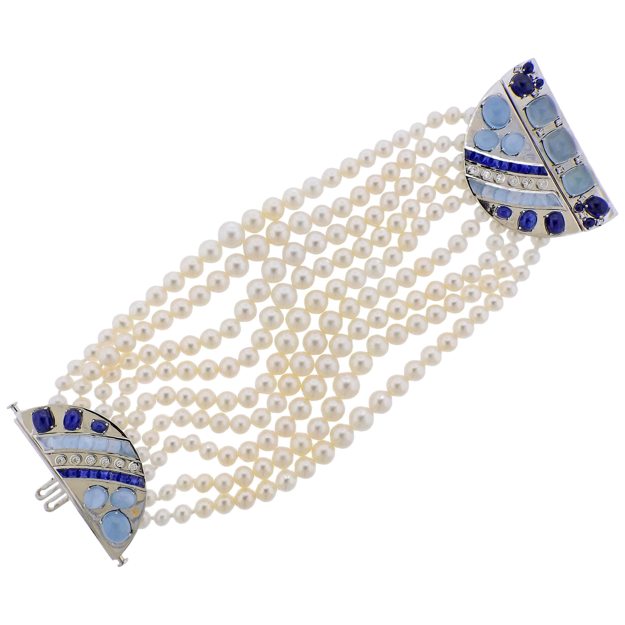 Seaman Schepps Sapphire Aquamarine Diamond Pearl Gold Bracelet