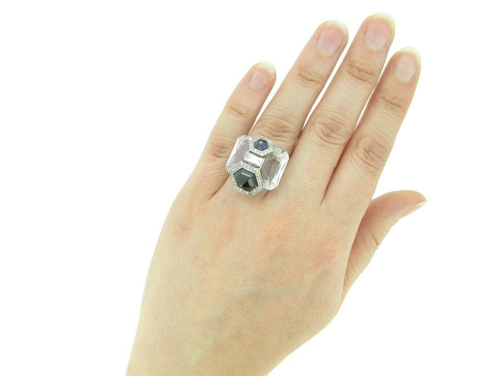 Hexagon Cut Seaman Schepps Sapphire, Diamond and Rock Crystal Ring, circa 1940 For Sale