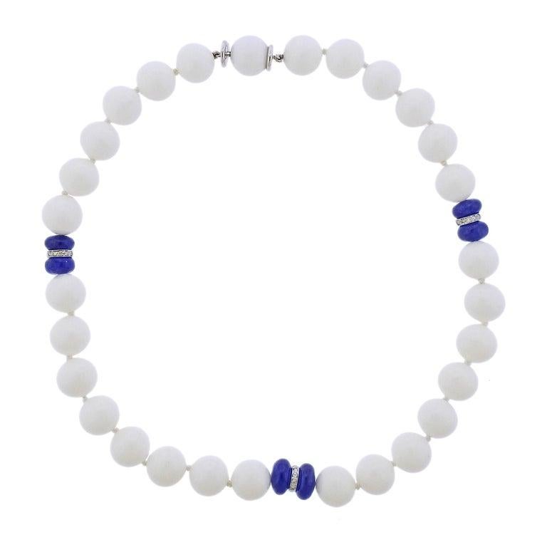 Seaman Schepps Sapphire Diamond White Agate Bead Necklace at 1stDibs