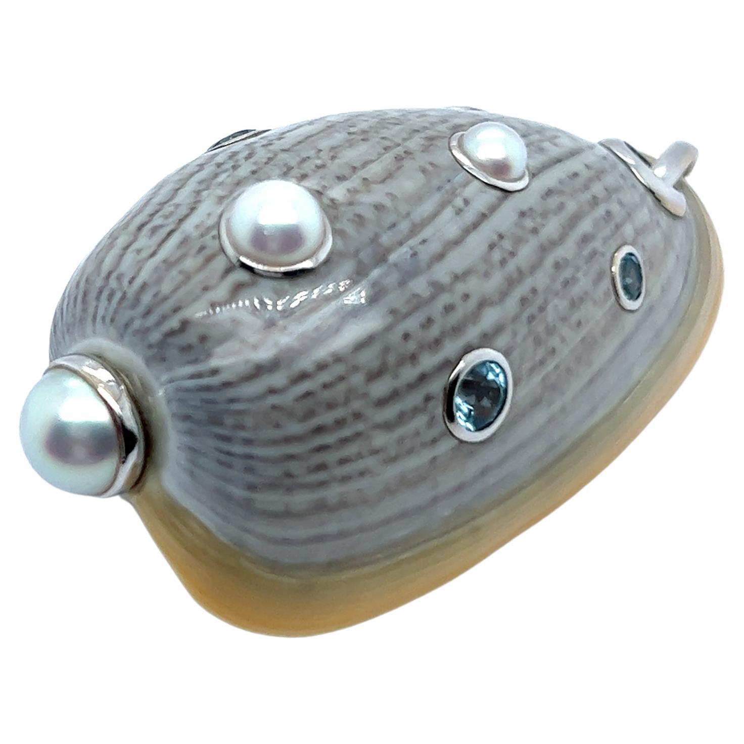 Seaman Schepps Shell Pendant with Aquamarine and Pearls in 18 Karat White Gold For Sale