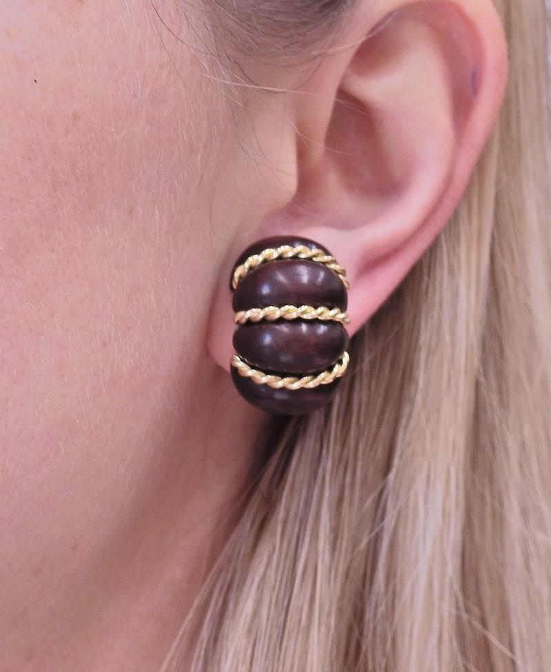 Pair of brand new 18k yellow gold earrings by Seaman Schepps for the Shrimp collection featuring rosewood. Earrings measure 24mm x 15mm, weight - 18.3 grams. Marked:  750, 247350, Seaman Schepps, Shell hallmark.