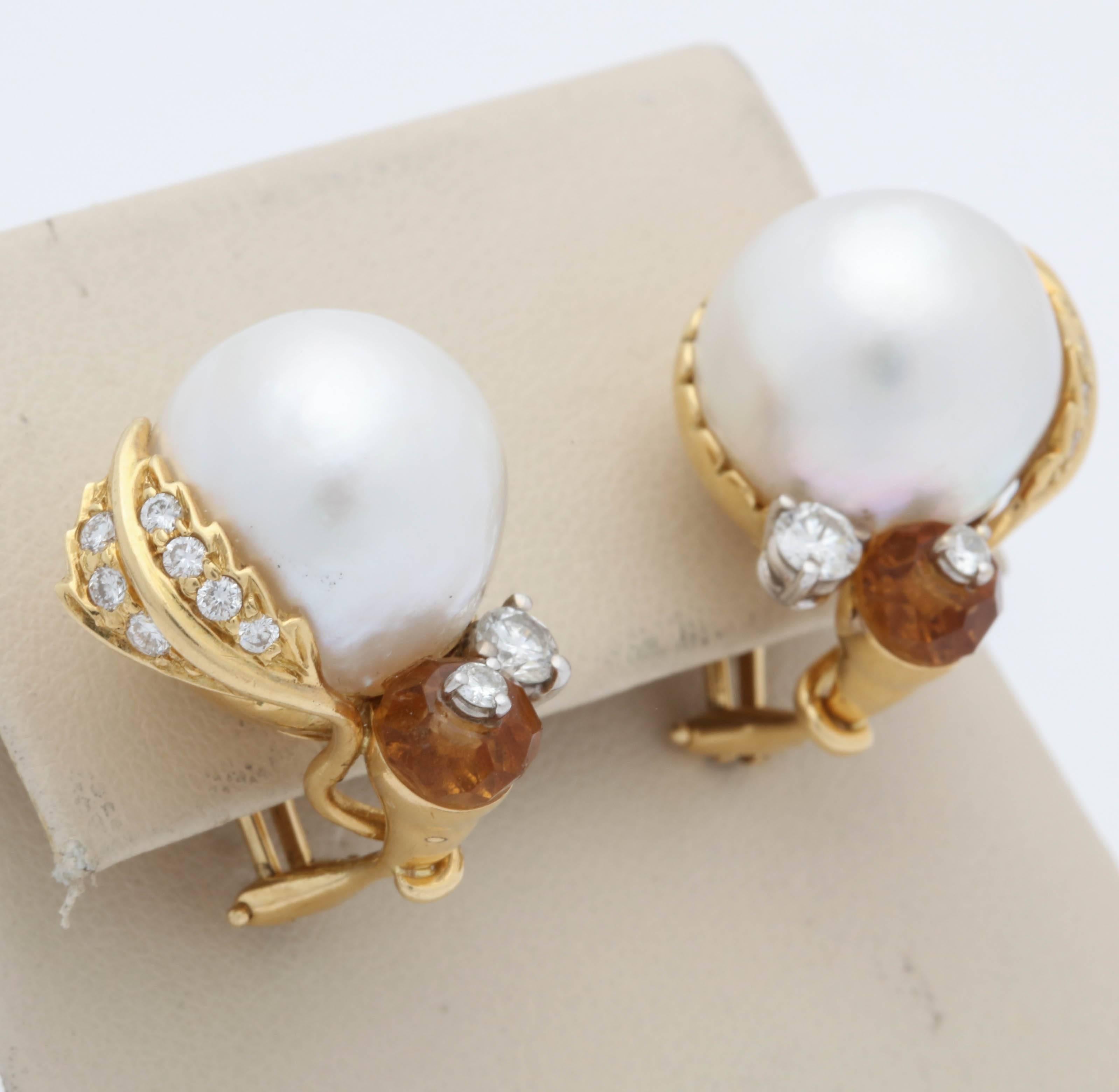 Round Cut Seaman Schepps South Sea Pearl, Citrine with Diamonds Ball Design Post Earclips