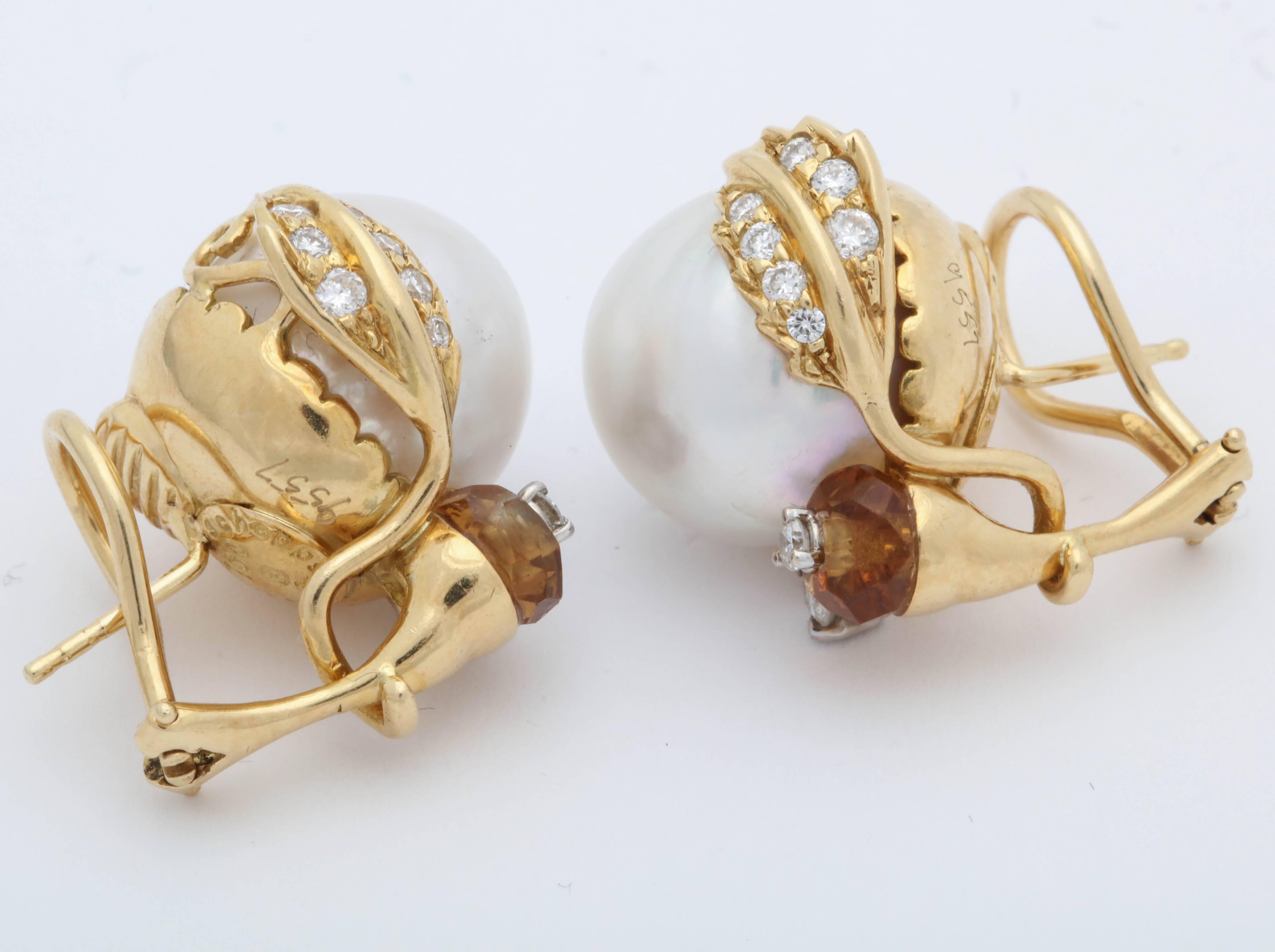 Seaman Schepps South Sea Pearl, Citrine with Diamonds Ball Design Post Earclips In Good Condition In New York, NY