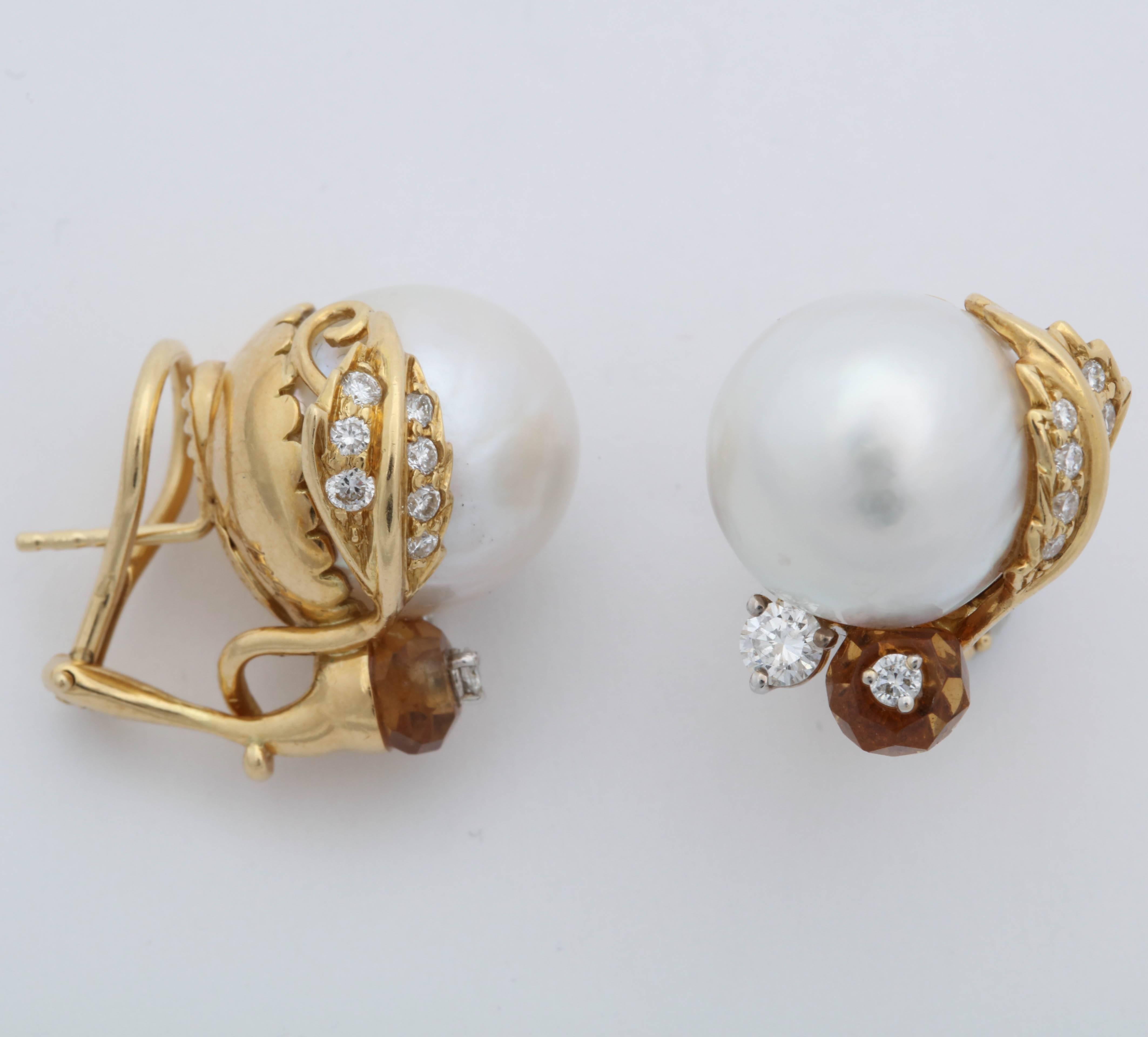 Seaman Schepps South Sea Pearl, Citrine with Diamonds Ball Design Post Earclips 3