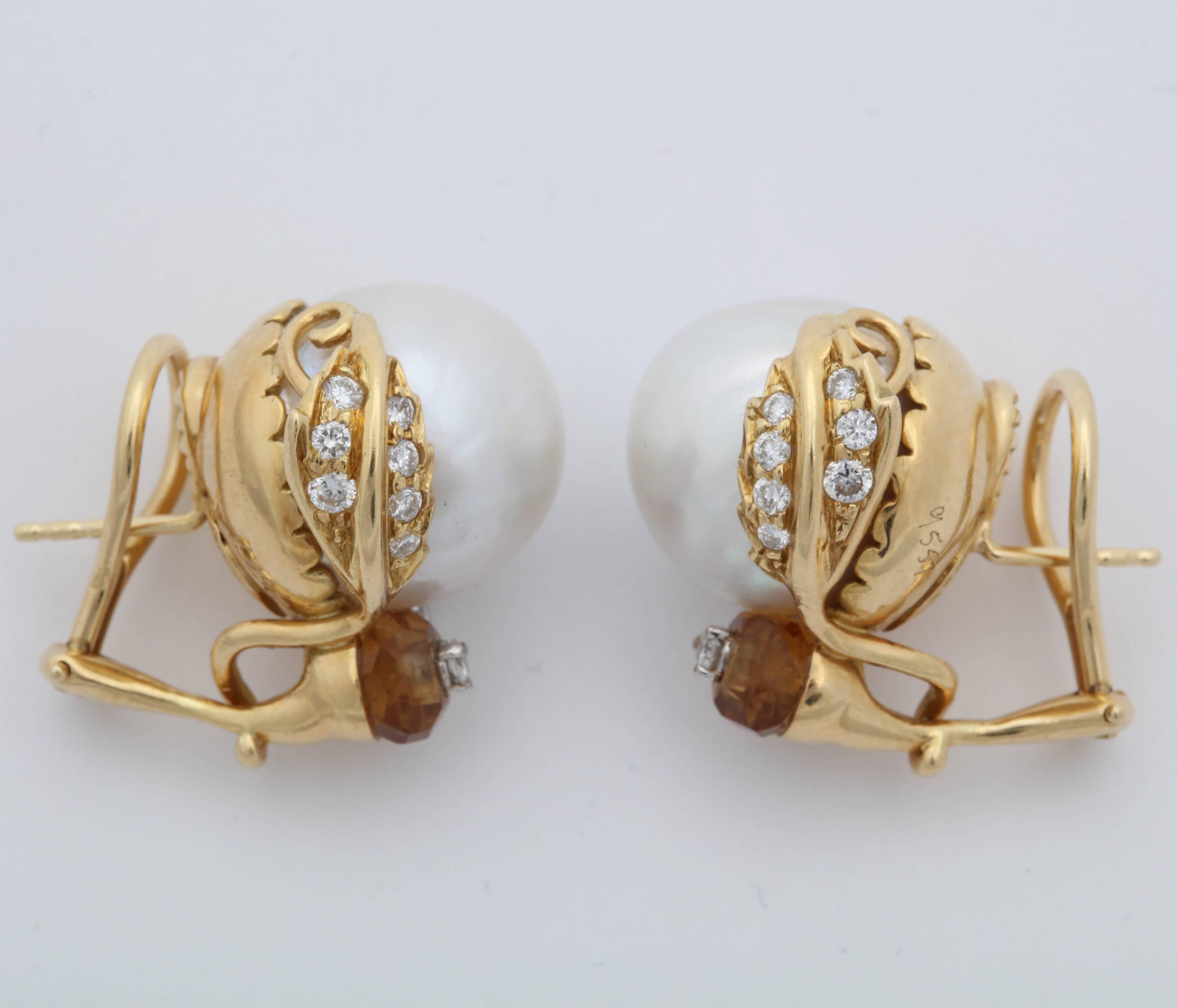 Seaman Schepps South Sea Pearl, Citrine with Diamonds Ball Design Post Earclips 4