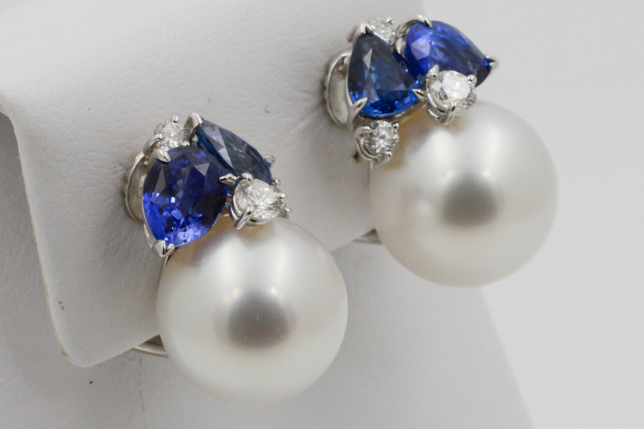 Seaman Schepps South Sea Pearl Blue Sapphire and Diamon Deuaville Earrings In Good Condition In Dallas, TX