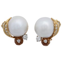 Seaman Schepps South Sea Pearl, Citrine with Diamonds Ball Design Post Earclips Vintage Seaman Schepps South Sea Pearl, Citrine with Diamonds Ball Design Post Earclips