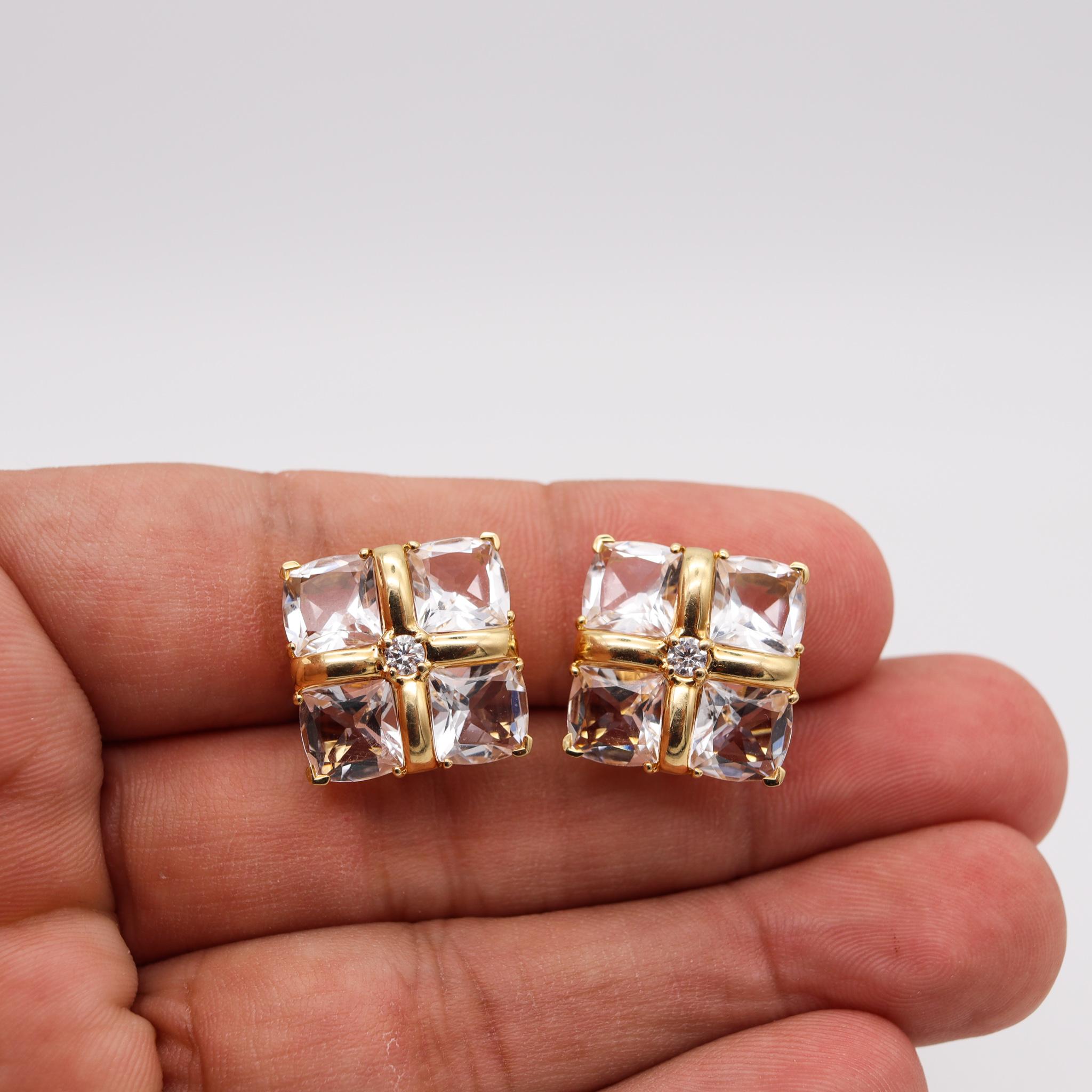 Modernist Seaman Schepps Squared Earrings 18Kt Yellow Gold 24.40 Cts Diamonds Rock Quartz For Sale