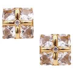 Vintage Seaman Schepps Squared Earrings 18Kt Yellow Gold 24.40 Cts Diamonds Rock Quartz