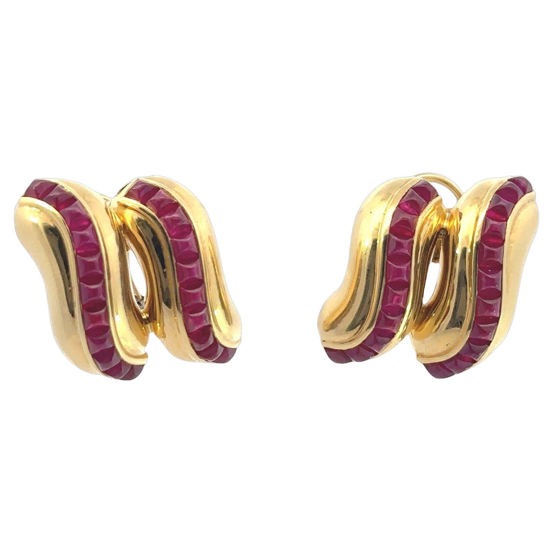 Seaman Schepps Ruby Clip on Earrings Sugarloaf Cuts 18K Yellow Gold ~5ctw Rubies For Sale
