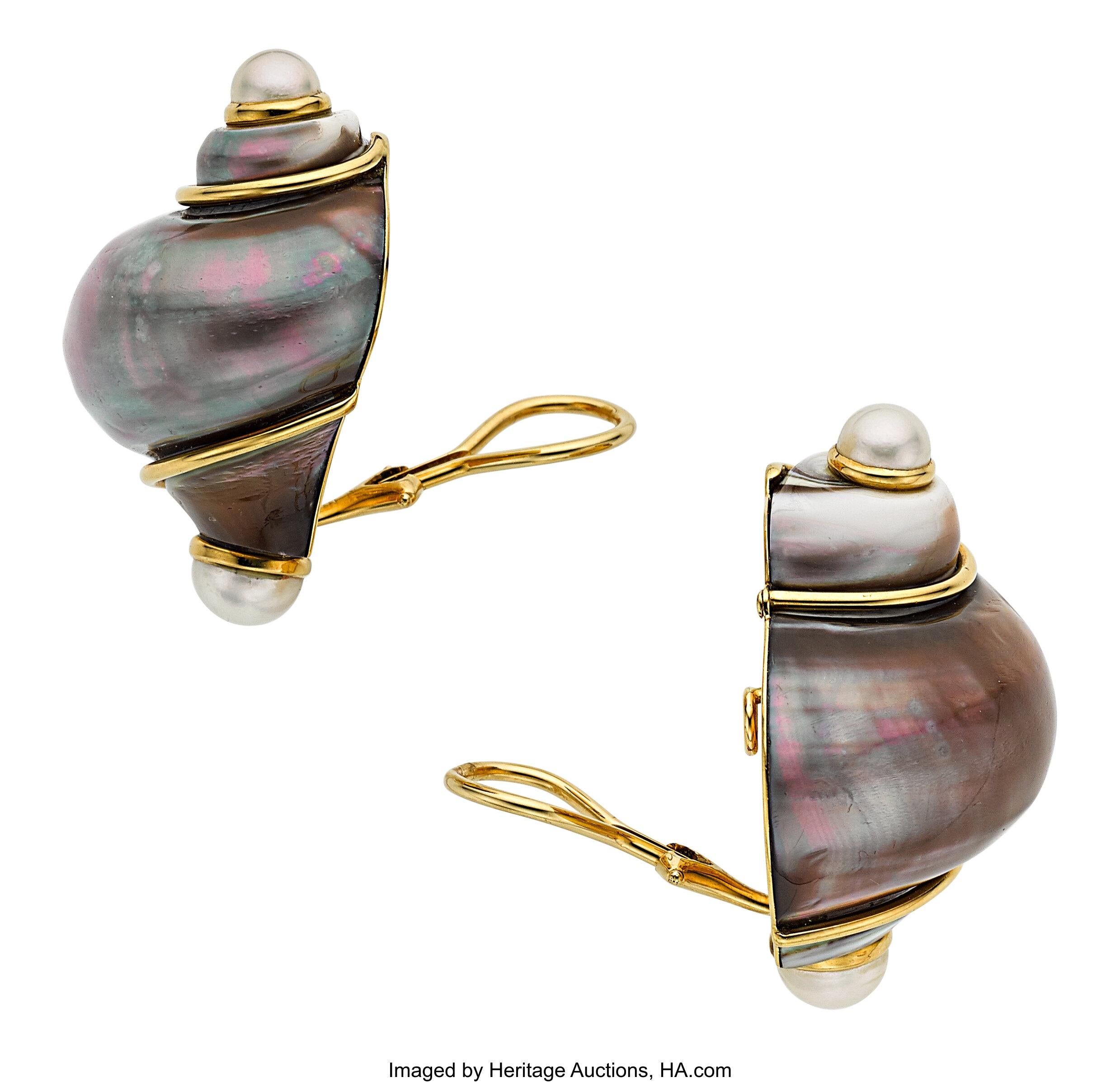 Modern Seaman Schepps Tahitian Turbo Shell Earrings w/ Half-Pearl Terminals in 18k Gold