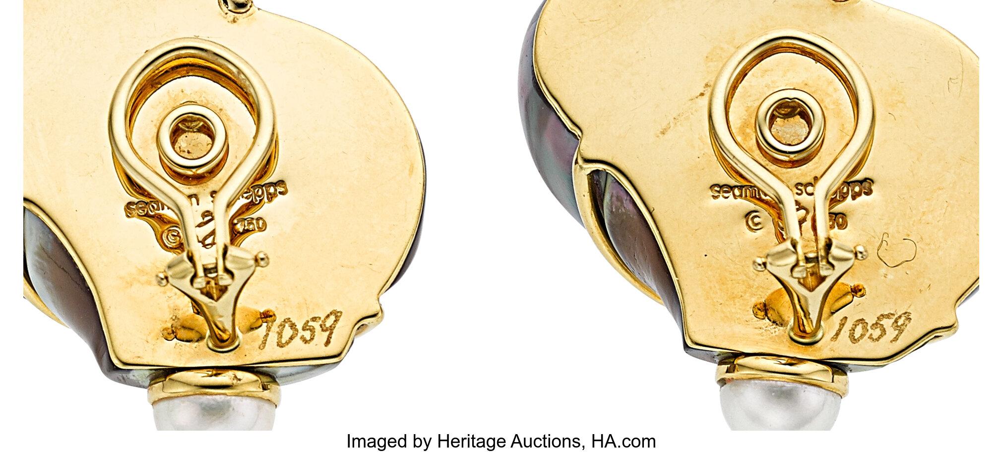 Cabochon Seaman Schepps Tahitian Turbo Shell Earrings w/ Half-Pearl Terminals in 18k Gold
