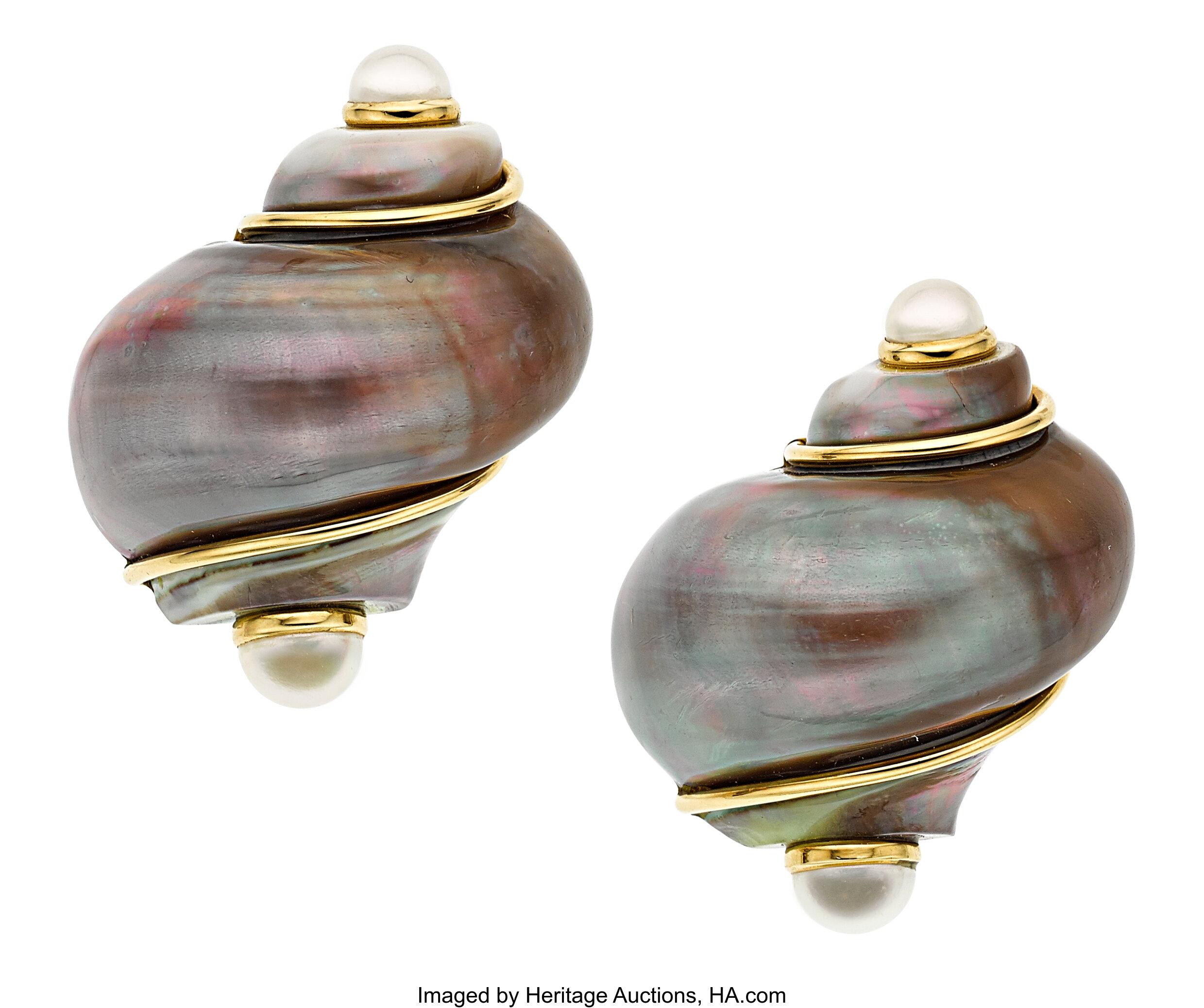 Seaman Schepps Tahitian Turbo Shell Earrings w/ Half-Pearl Terminals in 18k Gold 3