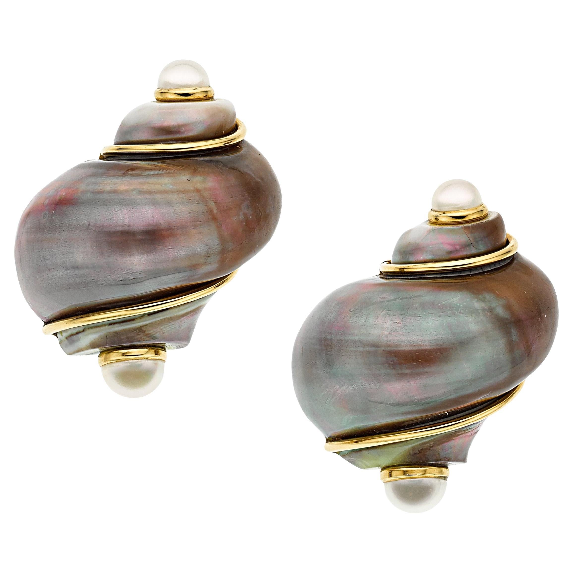 Seaman Schepps Tahitian Turbo Shell Earrings w/ Half-Pearl Terminals in 18k Gold