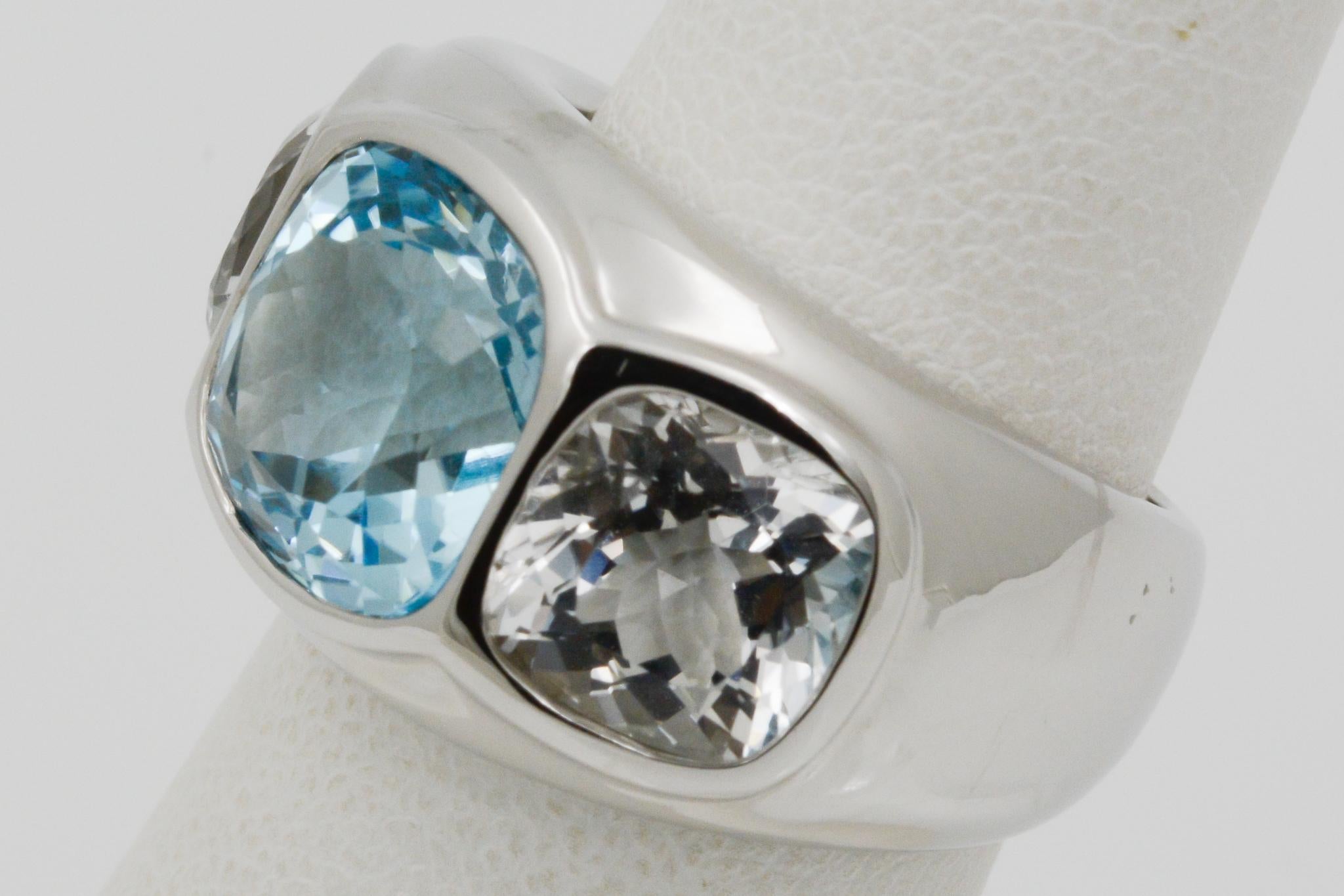 Round Cut Seaman Schepps Three-Stone Blue and White Topaz Mogul 18 Karat White Gold Ring For Sale