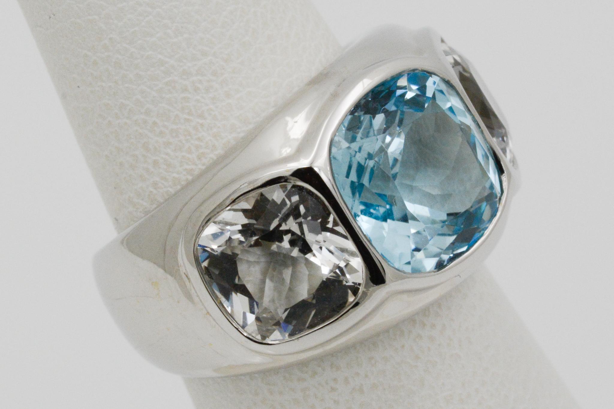 Seaman Schepps Three-Stone Blue and White Topaz Mogul 18 Karat White Gold Ring In New Condition For Sale In Dallas, TX