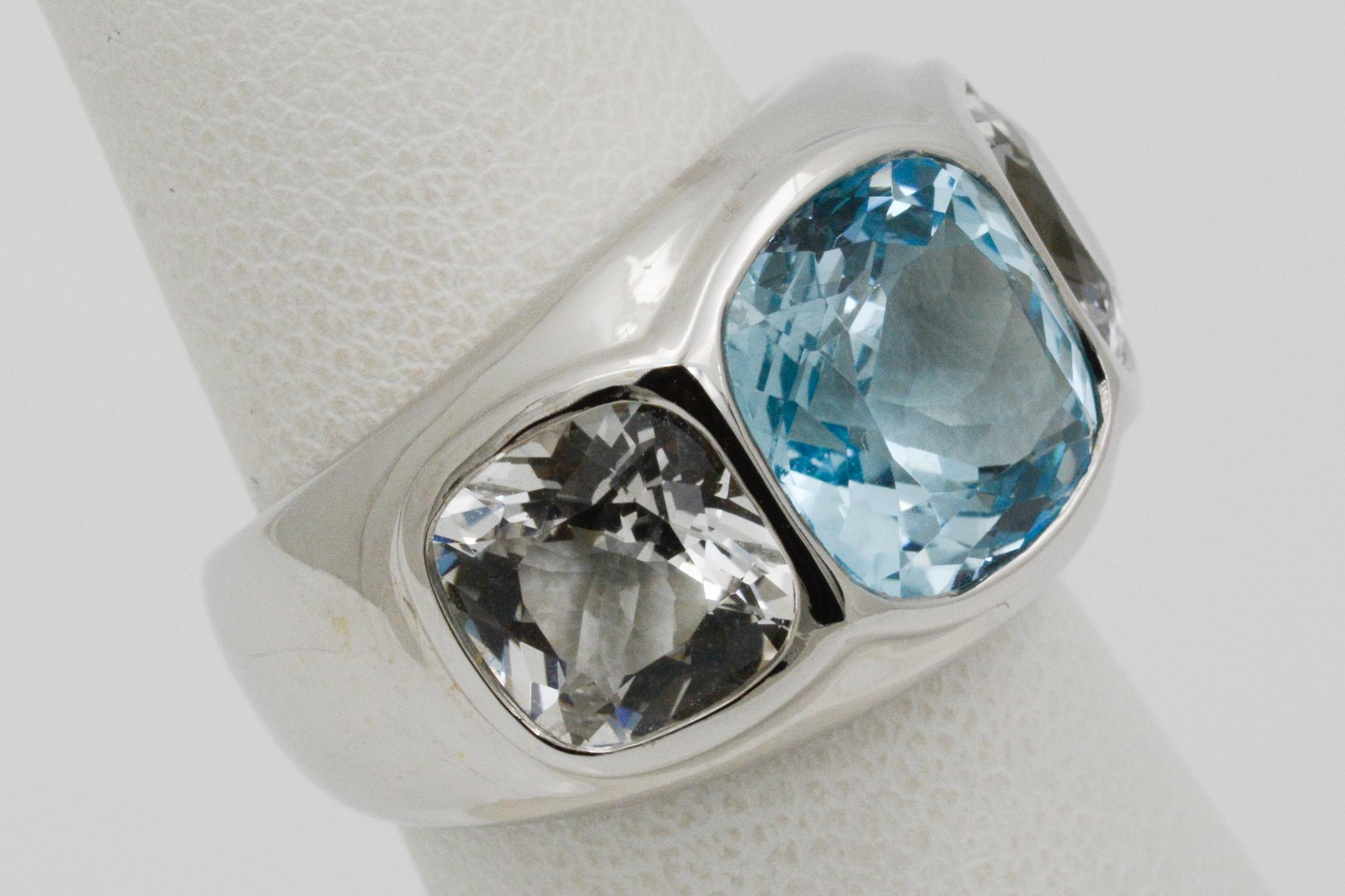 Seaman Schepps Three-Stone Blue and White Topaz Mogul 18 Karat White Gold Ring In New Condition In Dallas, TX