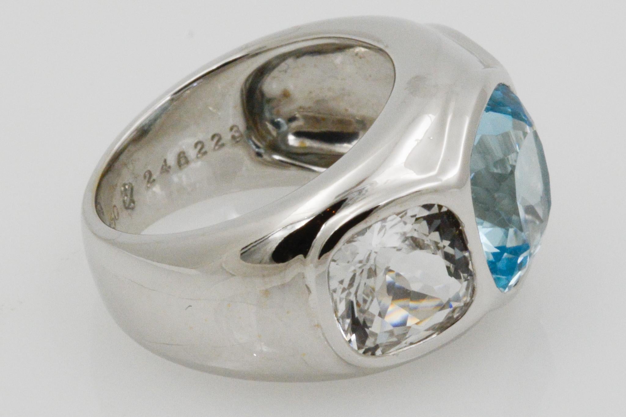 Seaman Schepps Three-Stone Blue and White Topaz Mogul 18 Karat White Gold Ring 3