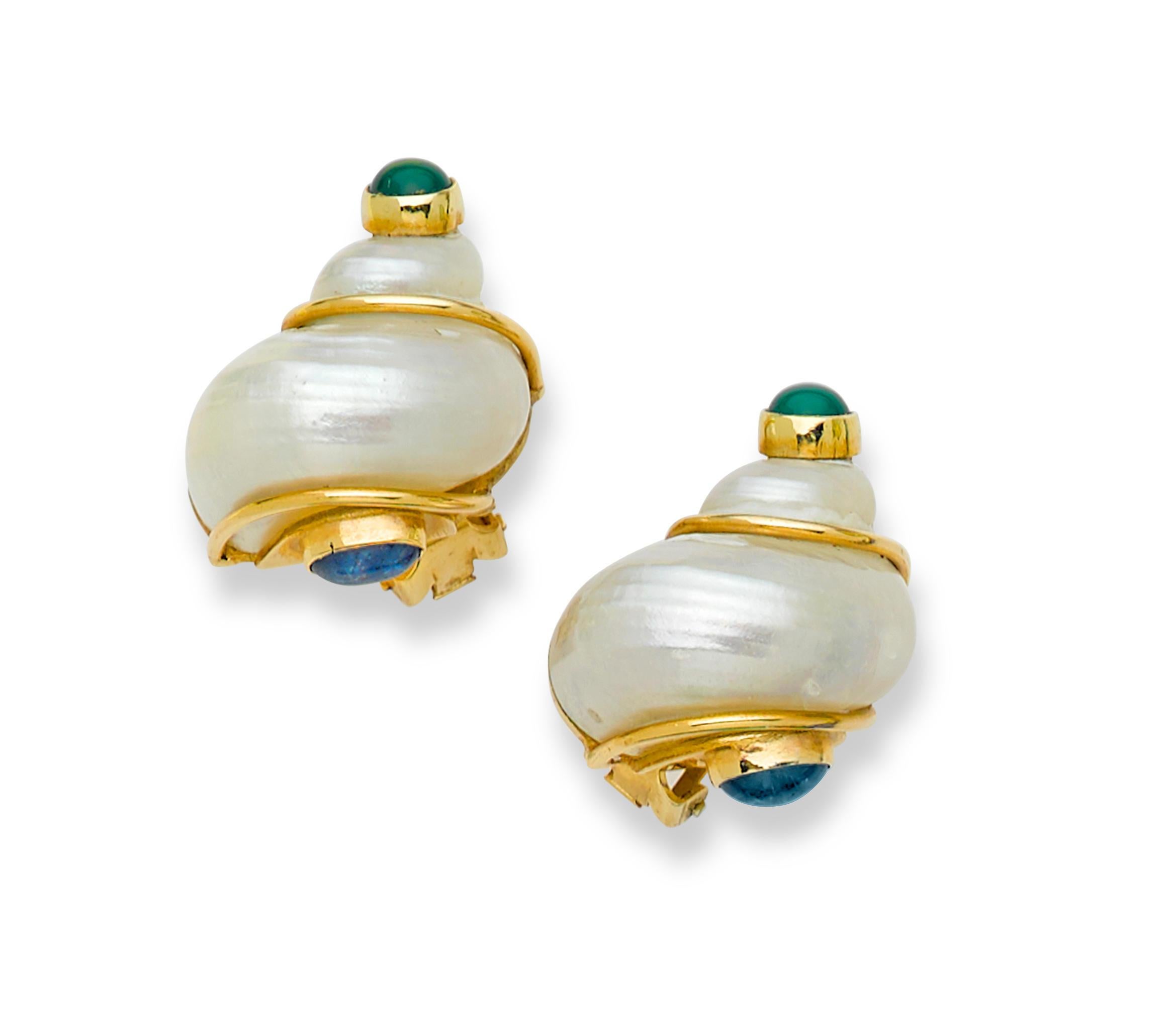Modern Seaman Schepps Turbo Shell 14k Gold & Mother-of-Pearl Clip-On Earrings (PSV) For Sale