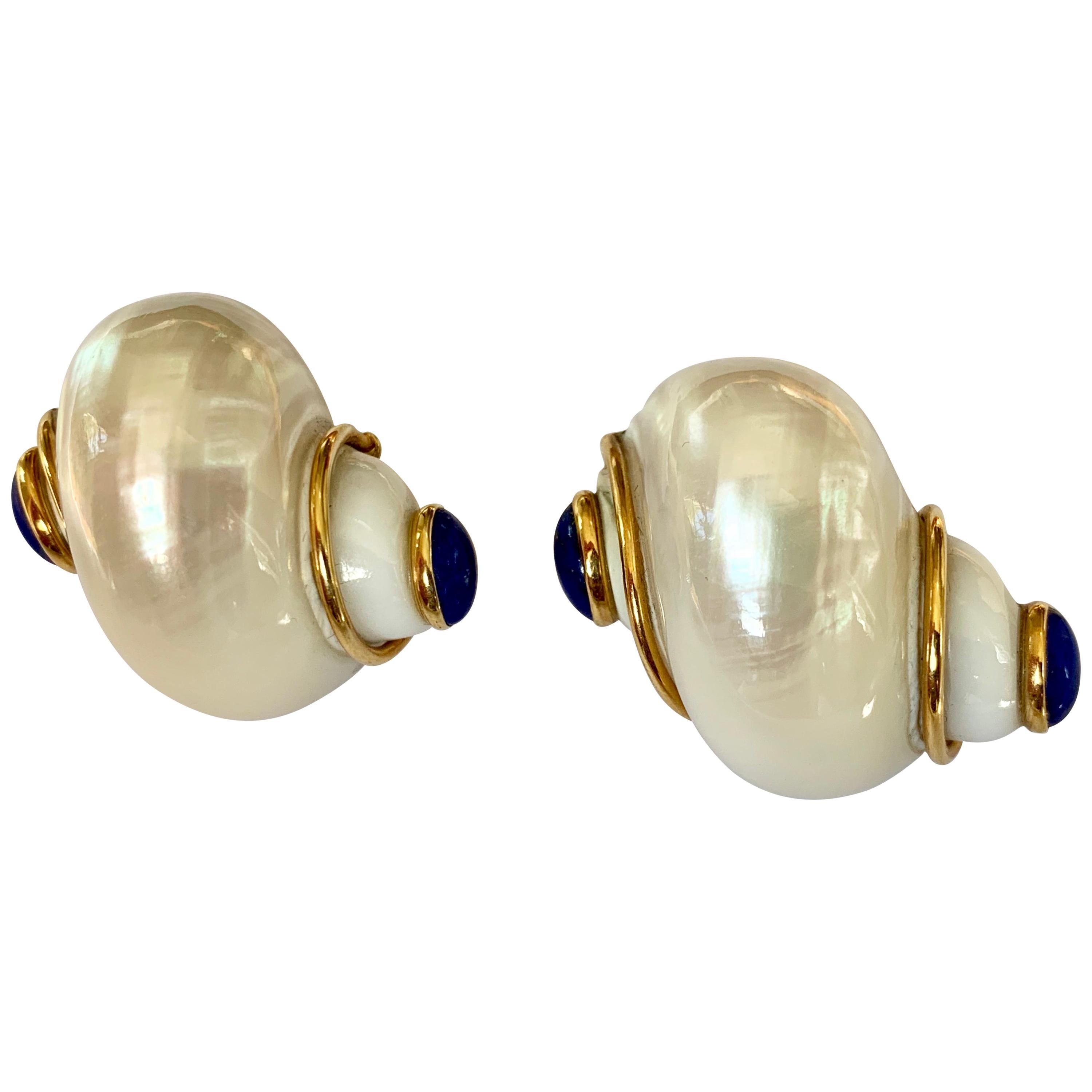 Seaman Schepps Turbo Shell and Lapis Lazuli Gold Earrings For Sale