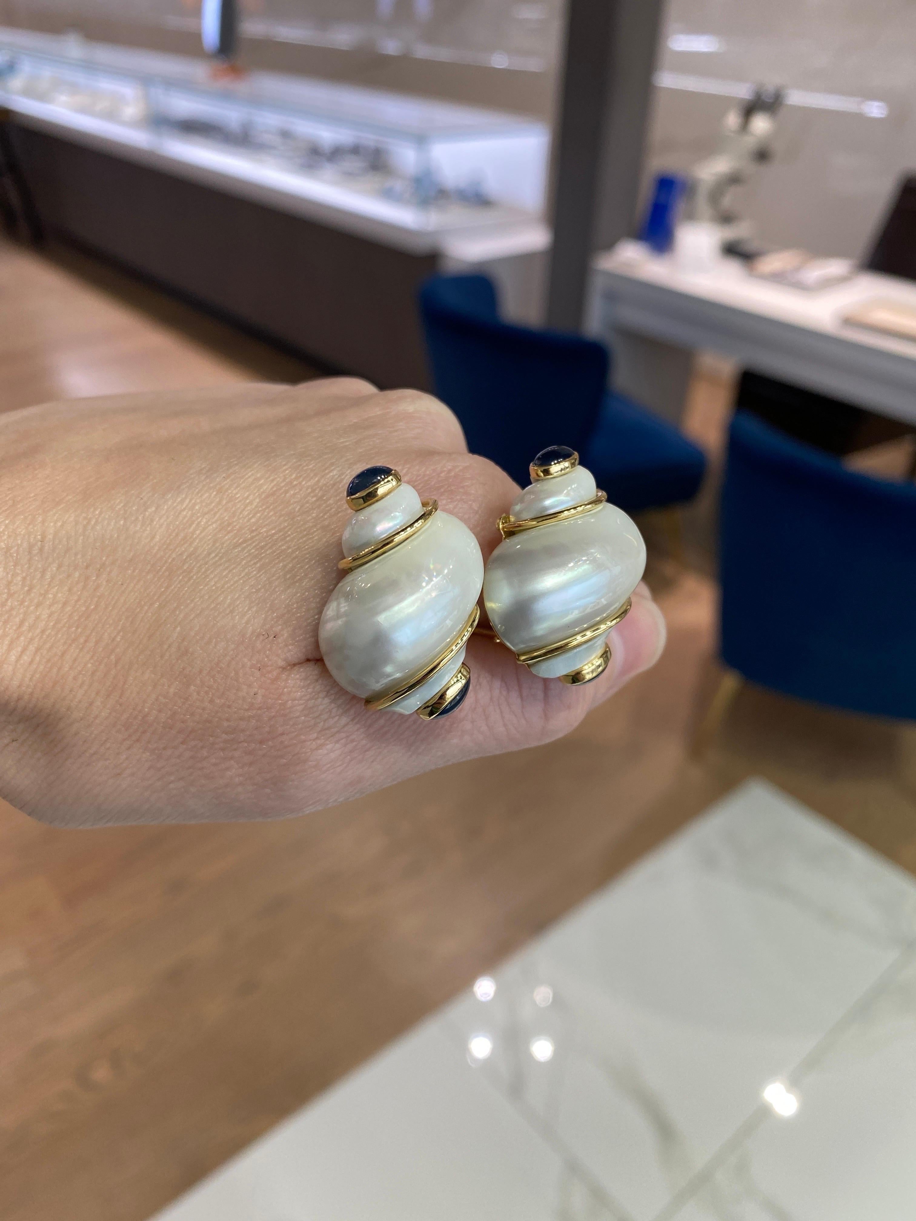 Seaman Schepps Turbo Shell and Sapphire Gold Earrings For Sale 4