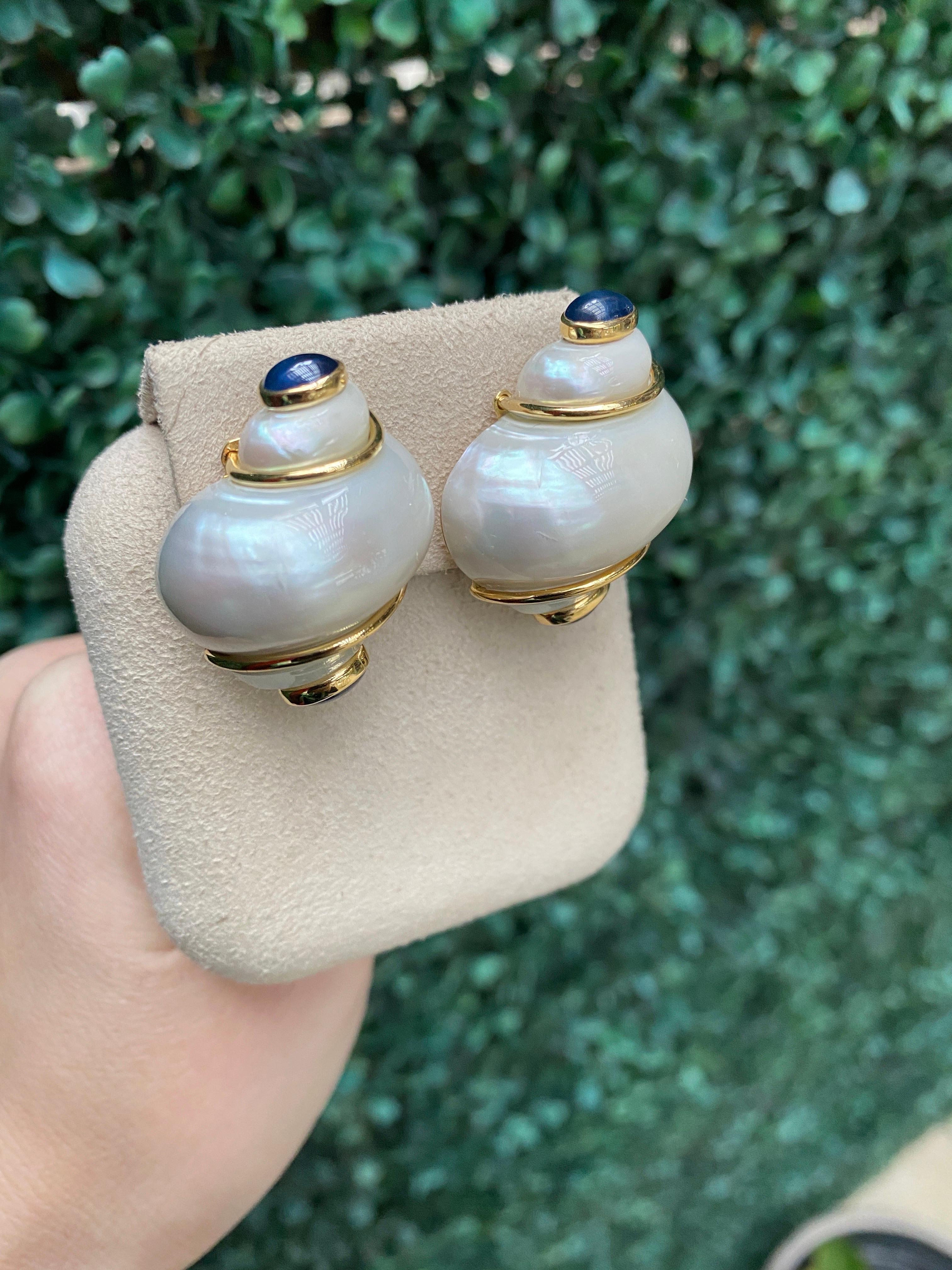 Seaman Schepps Turbo Shell and Sapphire Gold Earrings For Sale 6